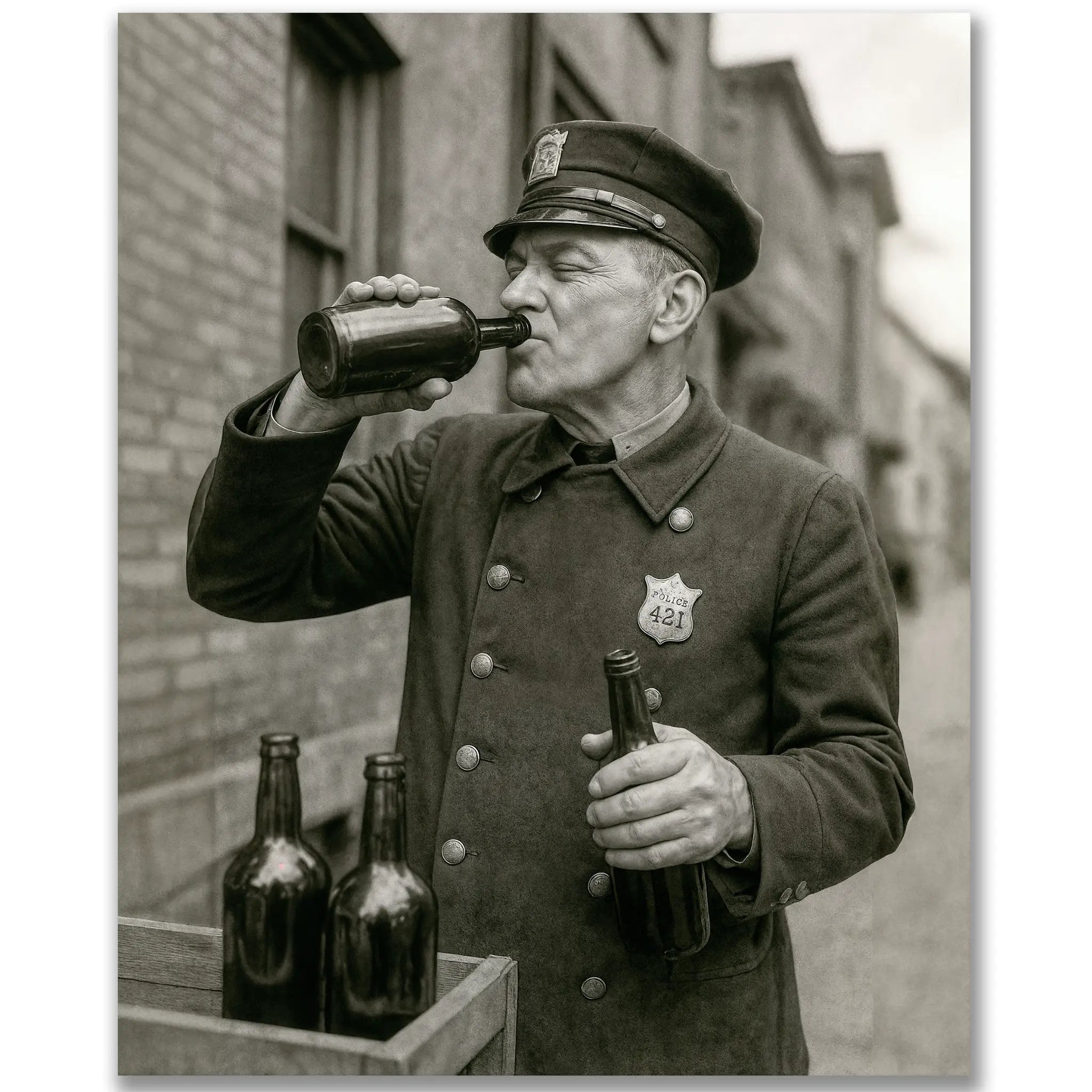 Historic prohibition era police officer drinking photograph showing uniformed officer with badge 421 enjoying confiscated alcohol