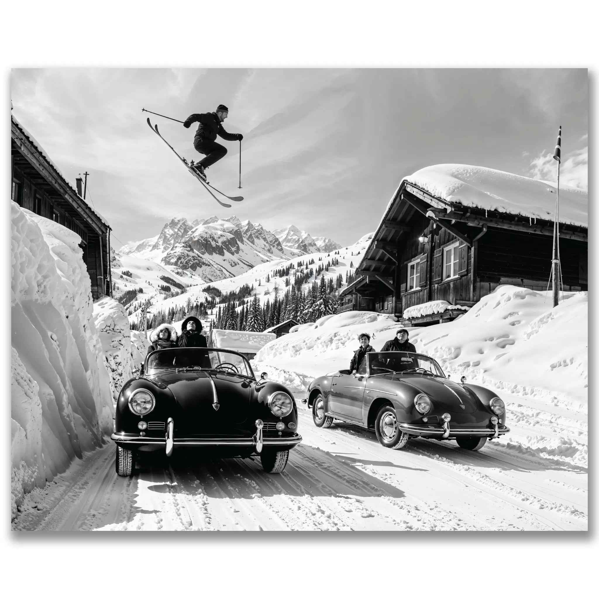 Vintage Ski Jump Photograph Featuring Porsche - Alpine Automotive Adventure