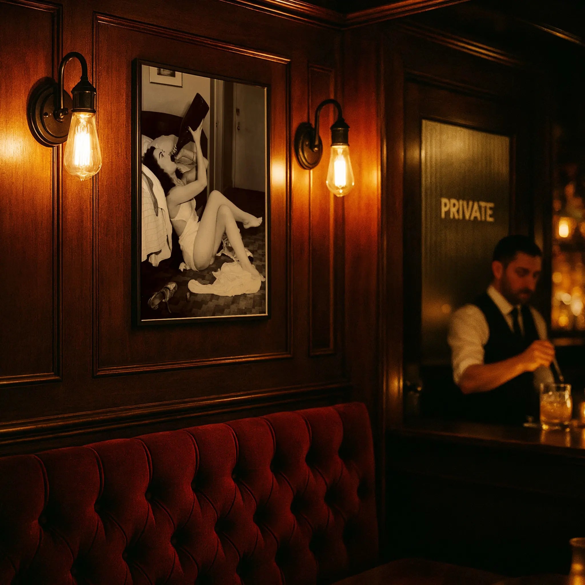 Vintage boudoir print in red velvet speakeasy with private booth and Edison bulb lighting