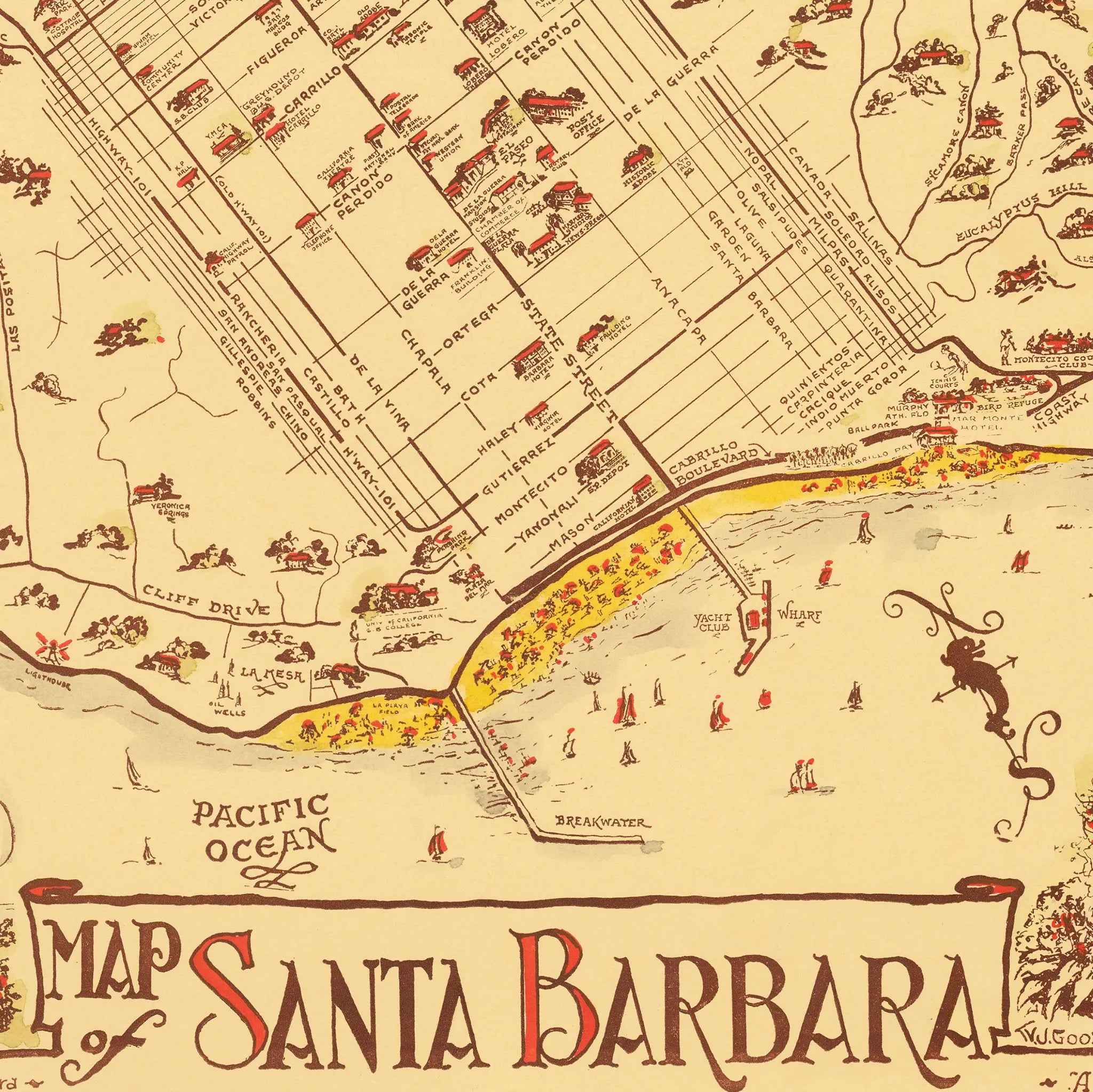 Santa Barbara Vintage Map - 1945 Fiesta & Old Spanish Days Pictorial Art