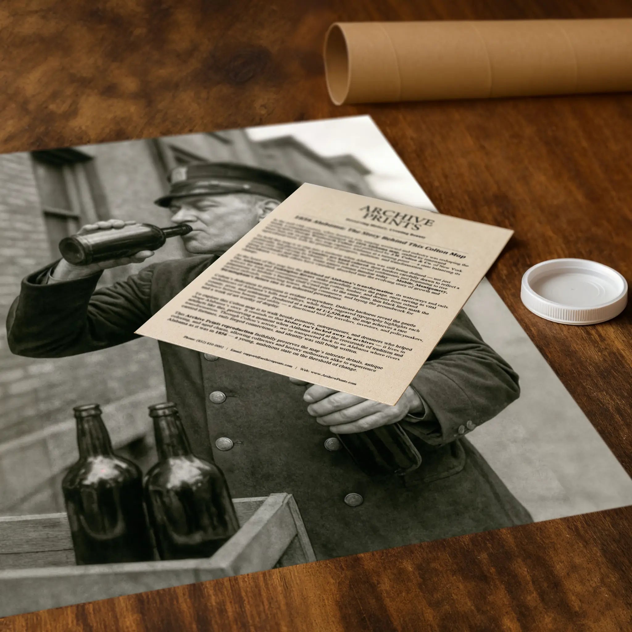 Professional packaging for police officer drinking photograph with tube and historical documentation materials