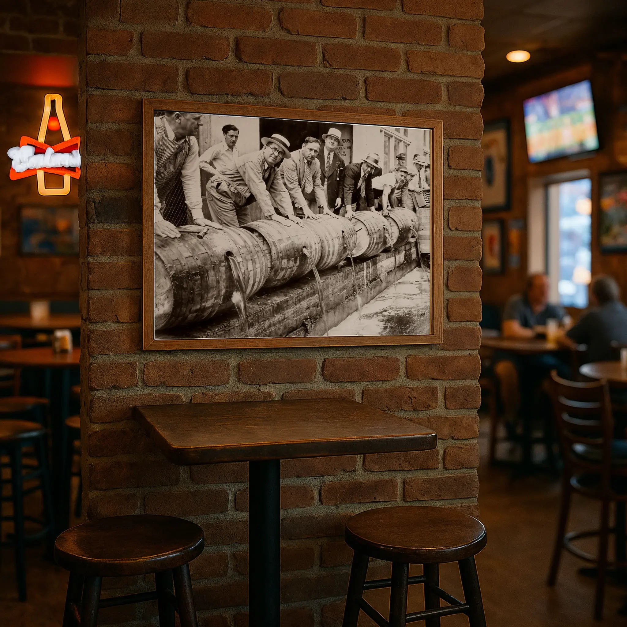 Federal enforcement operation print in modern pub with high-top tables and brick wall atmosphere