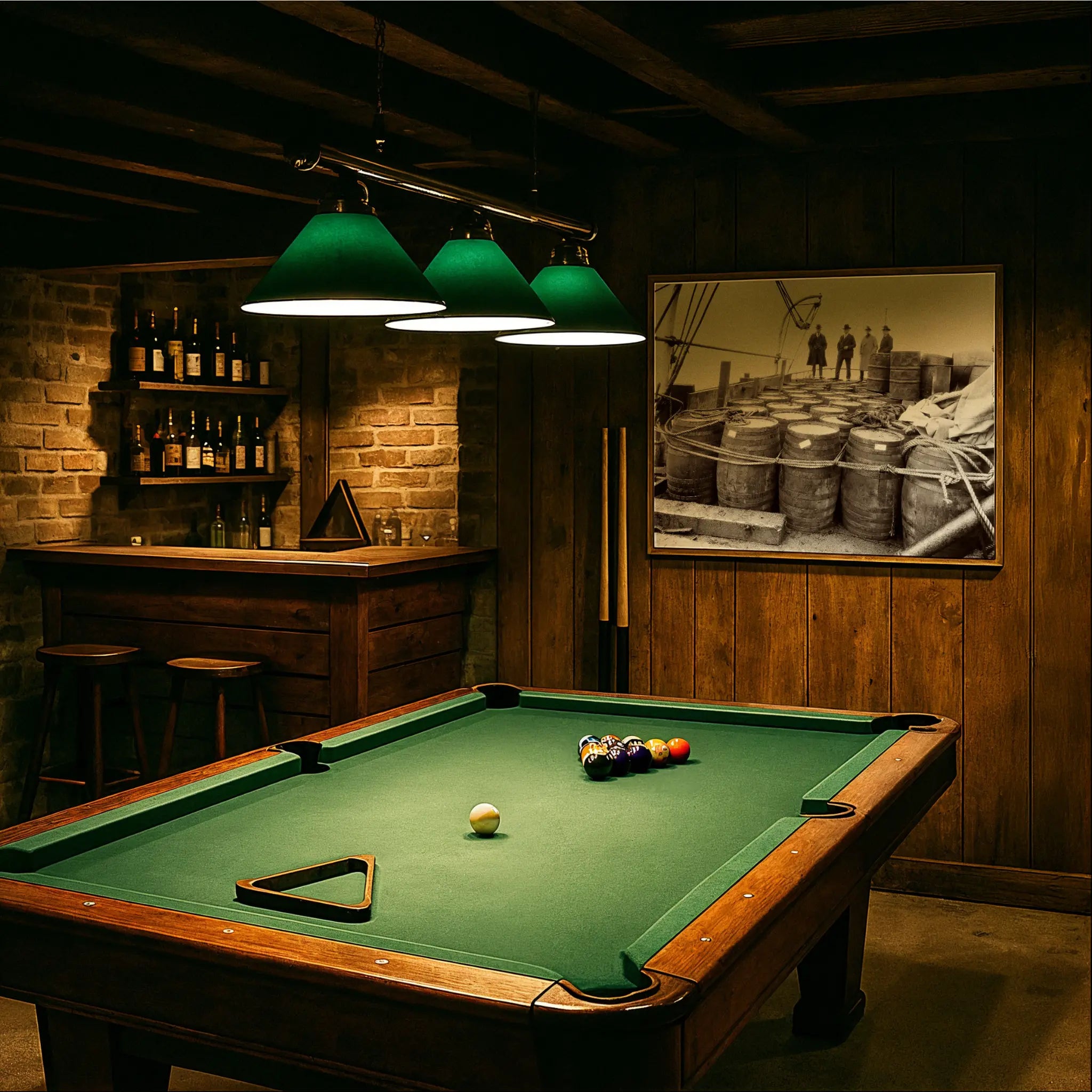 Prohibition seizure print in vintage pool hall with green felt table and hanging lamps