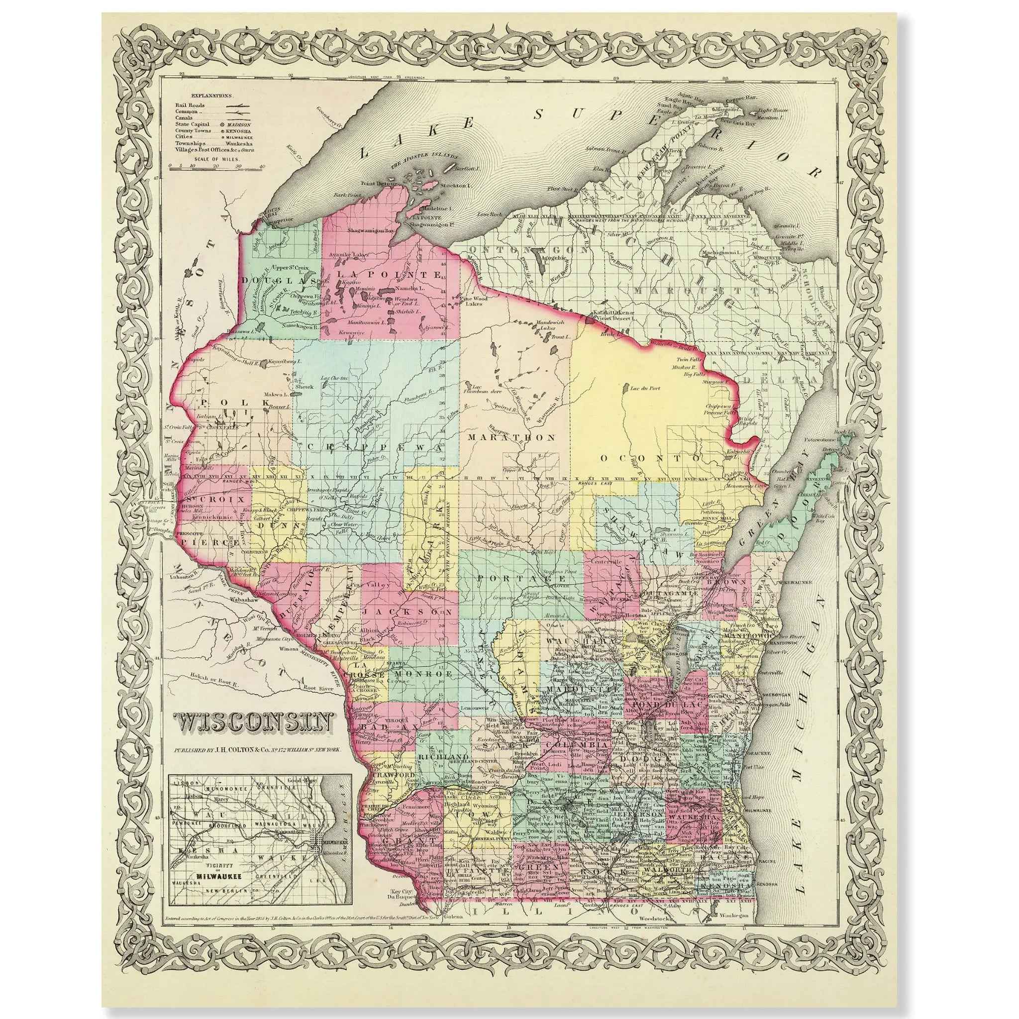 Wisconsin Map - Vintage 1855 Colton Historical Map