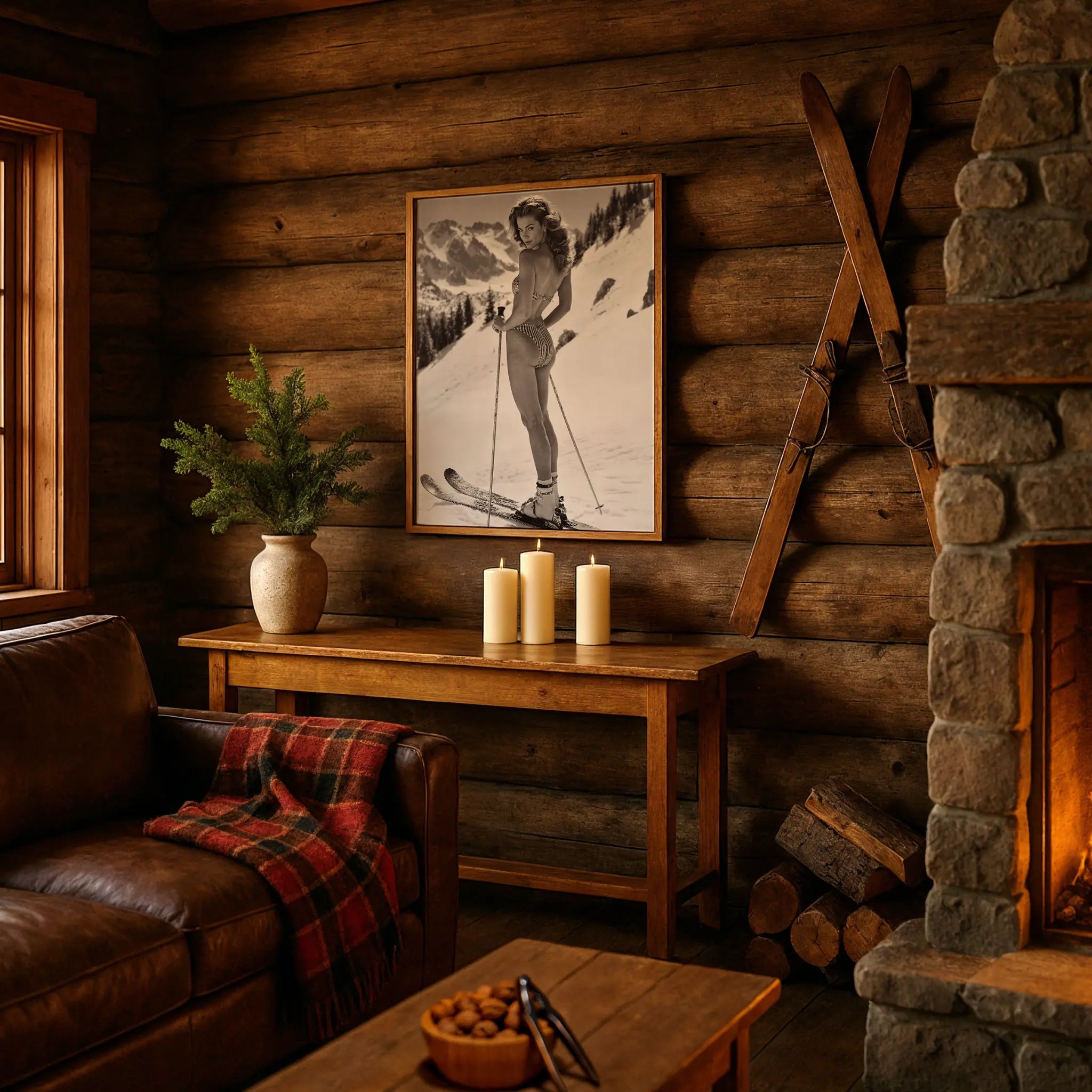 Vintage Ski Club Group Photo in Cozy Alpine Retreat