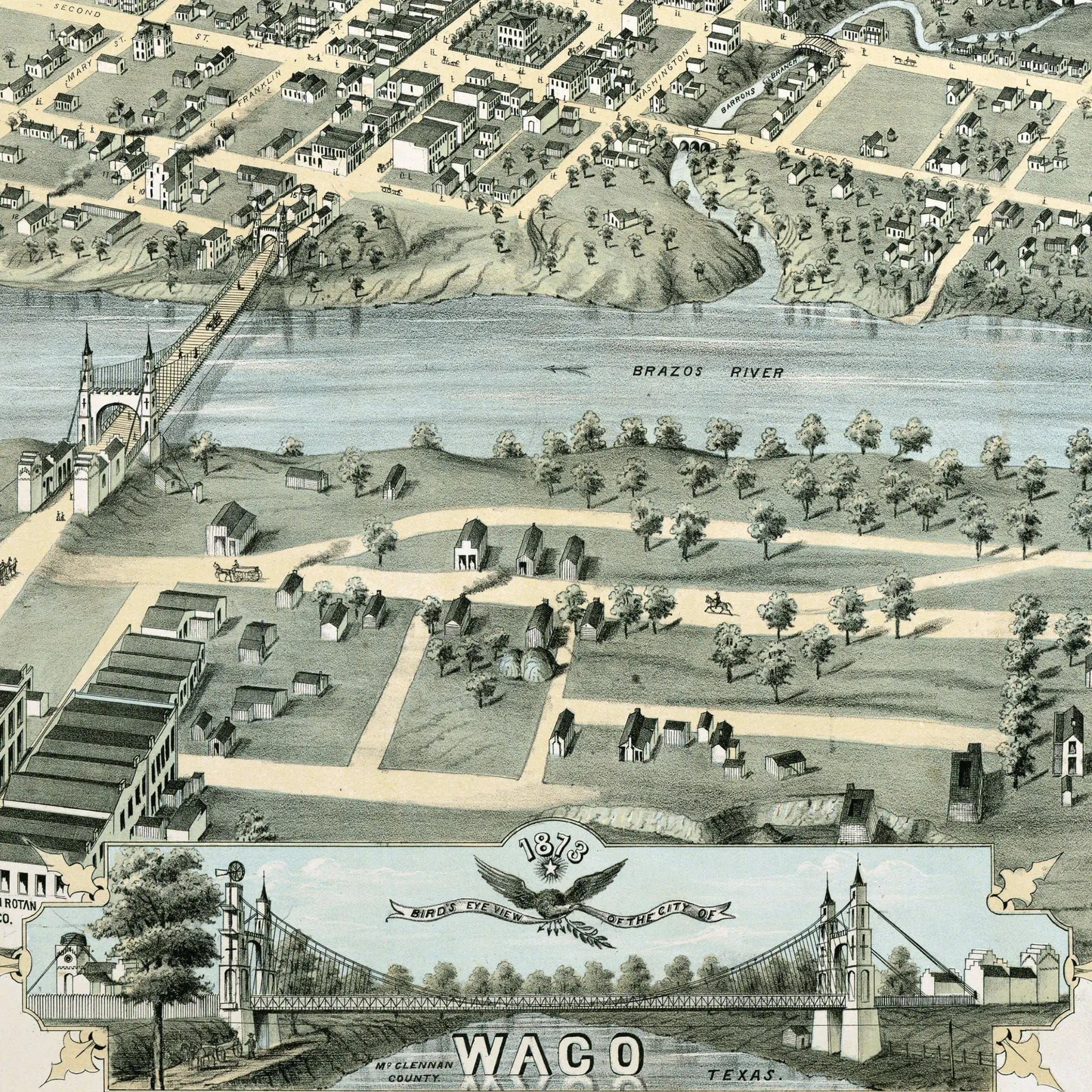 Waco Vintage Historical Map - 1873 Texas City Map Art - Archive Prints