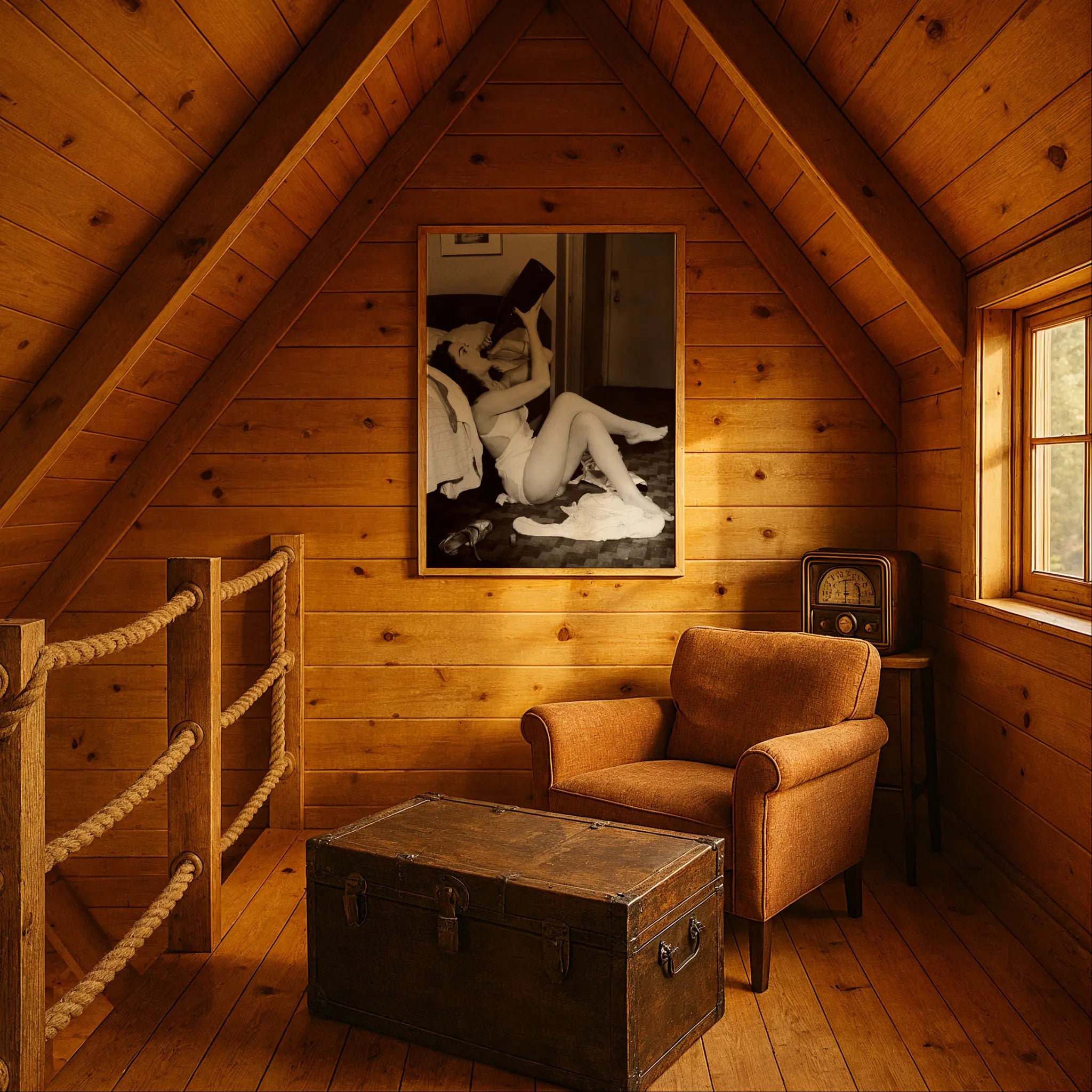 Prohibition boudoir print in rustic cabin setting with vintage radio and cozy atmosphere