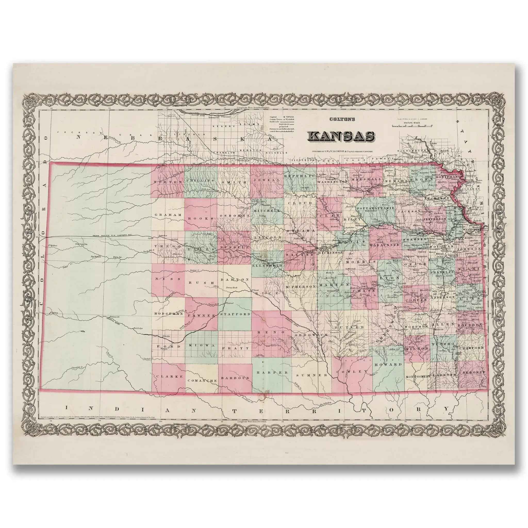Kansas Map - Vintage State Map by Colton for Home Décor and Collectors
