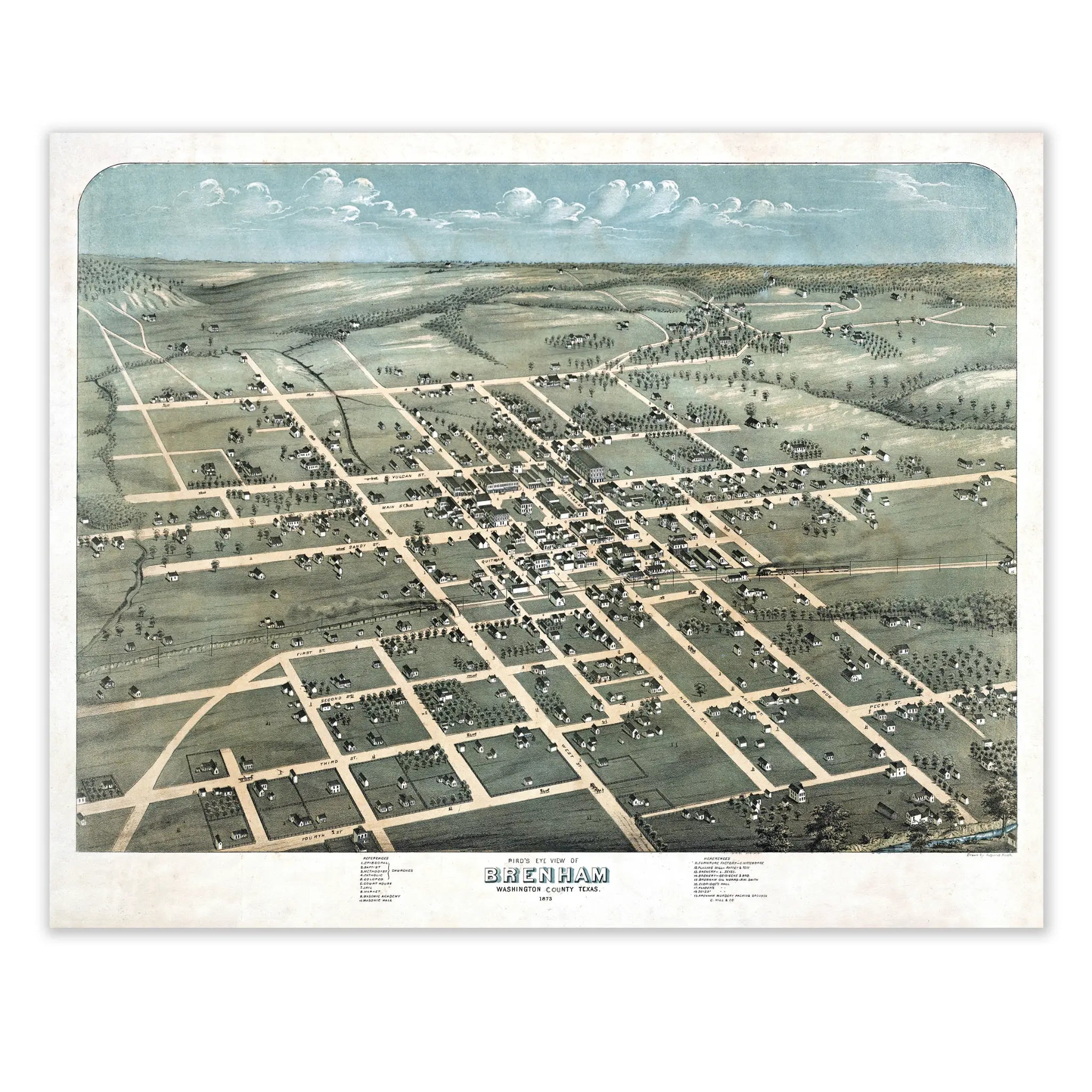 Brenham Bird's-Eye Map - Vintage 1873 Texas Historical City Map