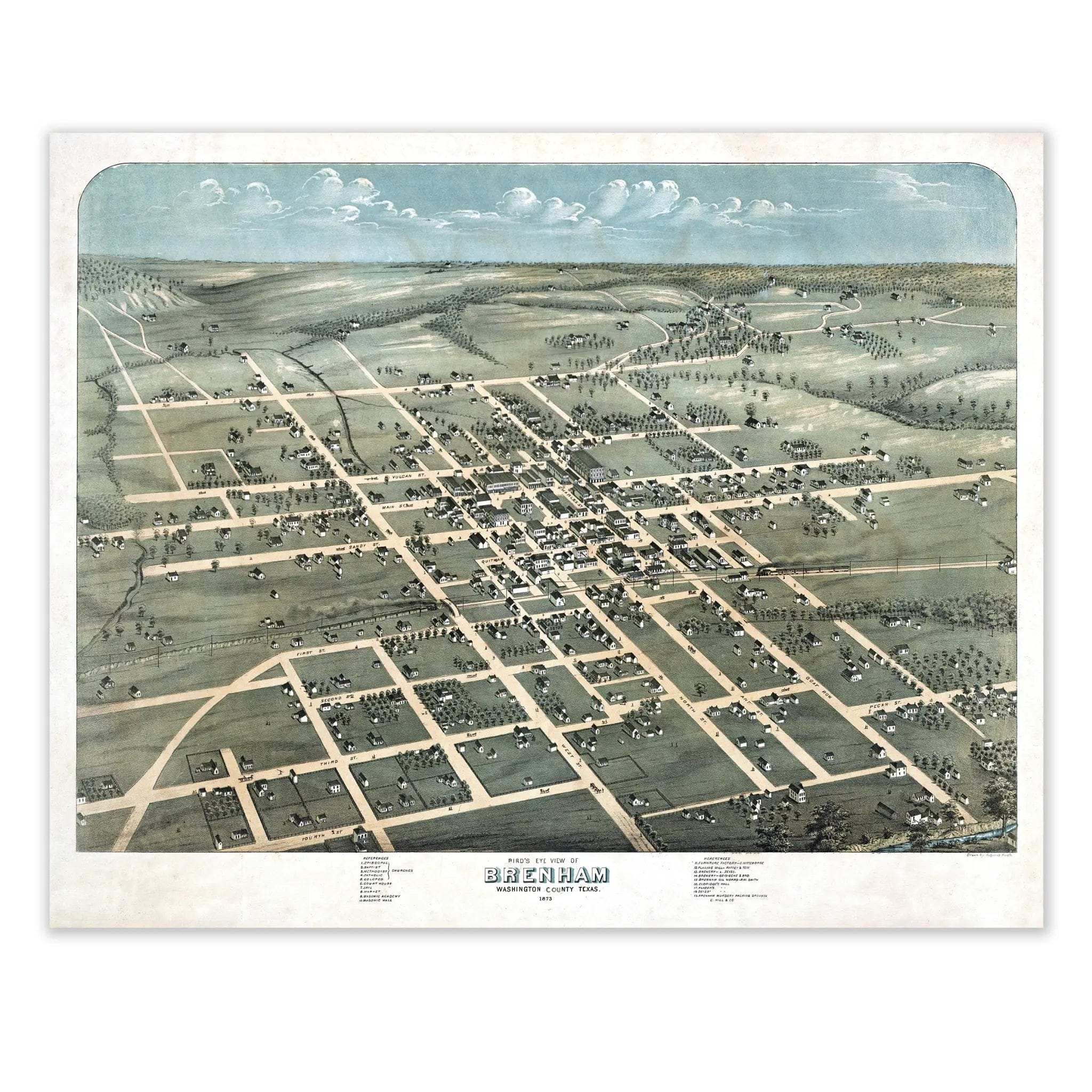 Brenham Texas Historical Map - Vintage 1873 Bird's-Eye View City Map - Archive Prints