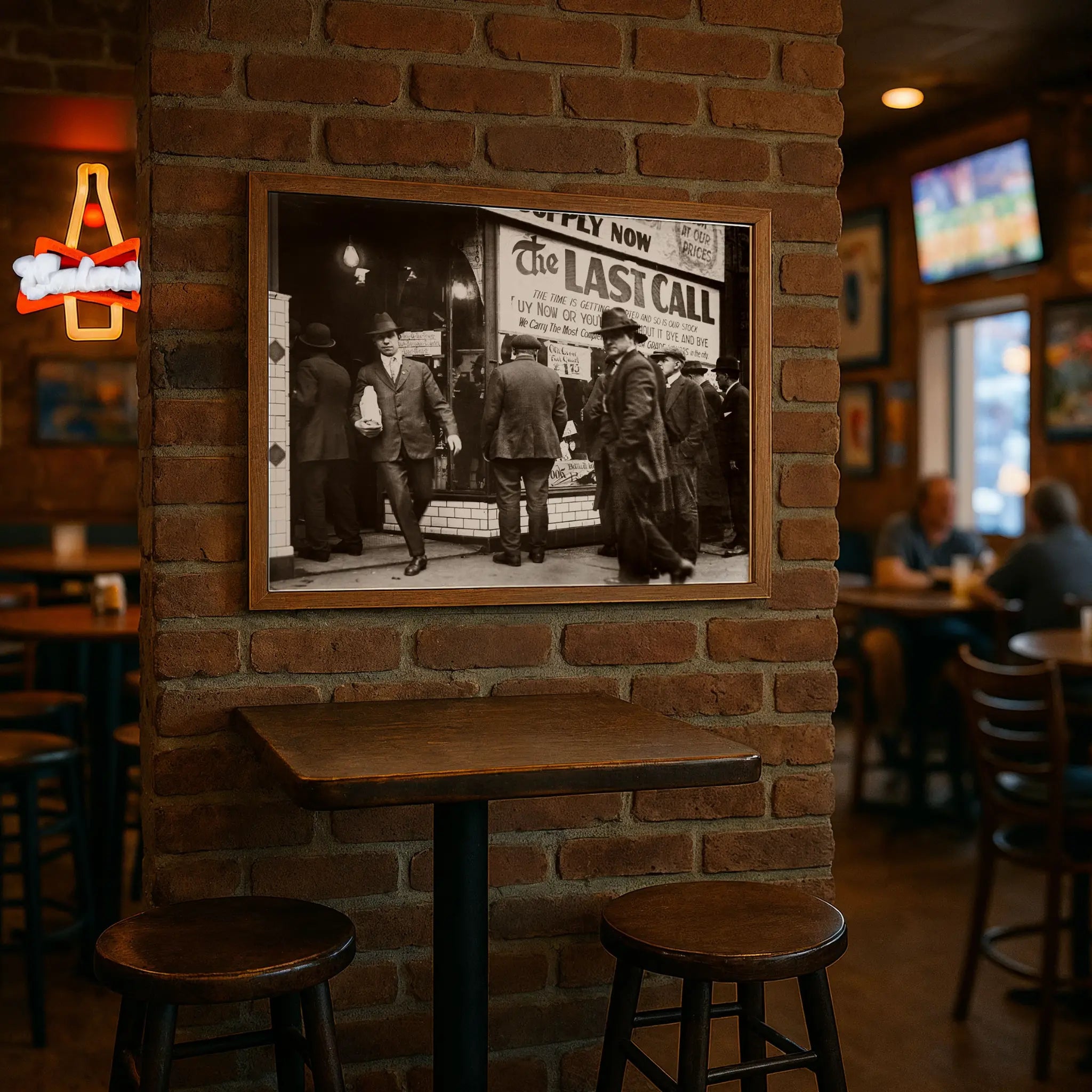 Final legal purchase print in modern pub with high-top tables and brick wall atmosphere