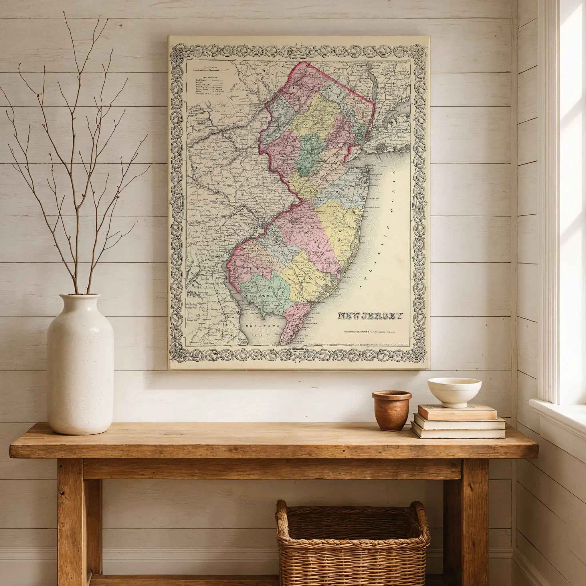 New Jersey Map - Vintage 1855 Colton Historical Map for Home Decor