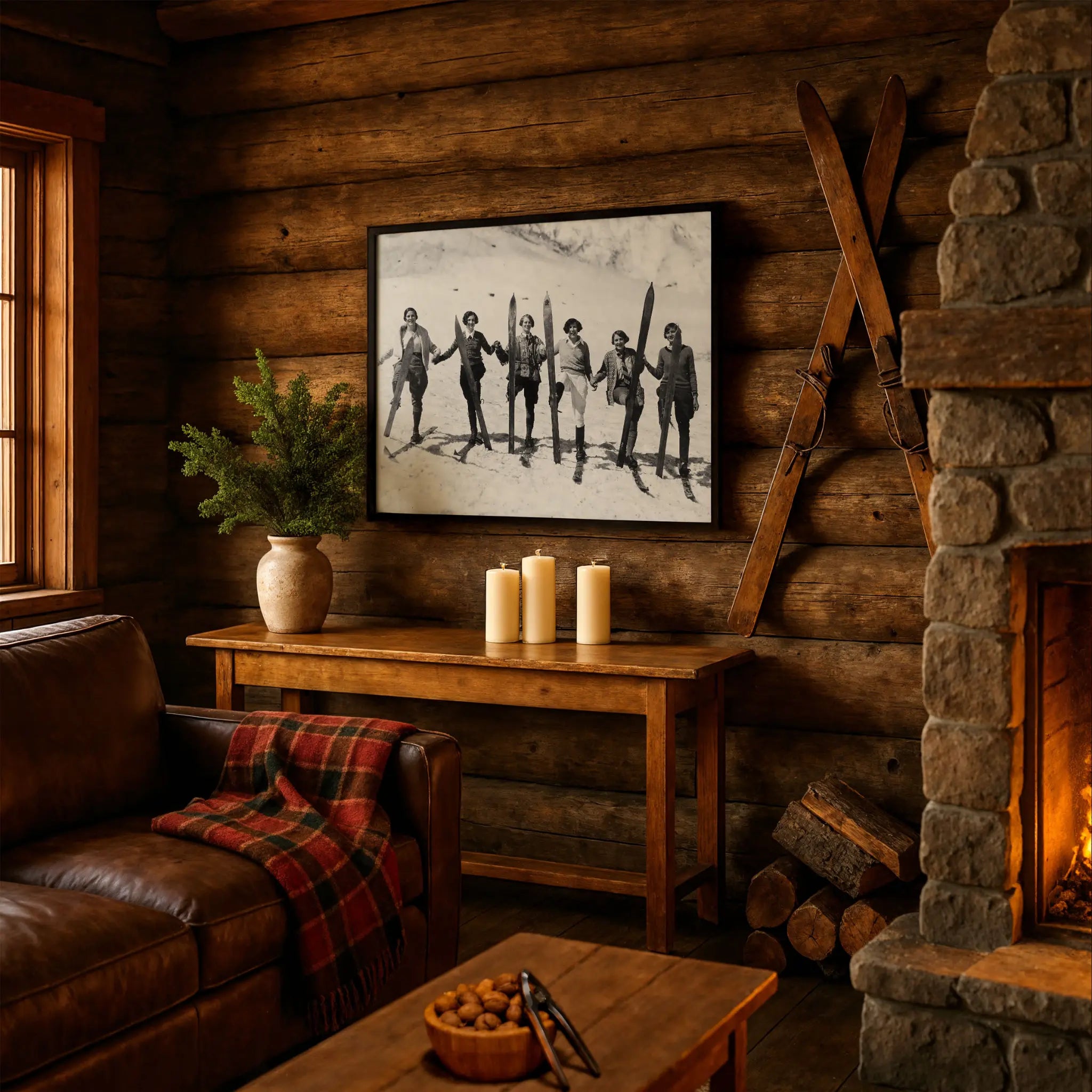 Golden Age Ski Photo in Rustic Mountain Cabin