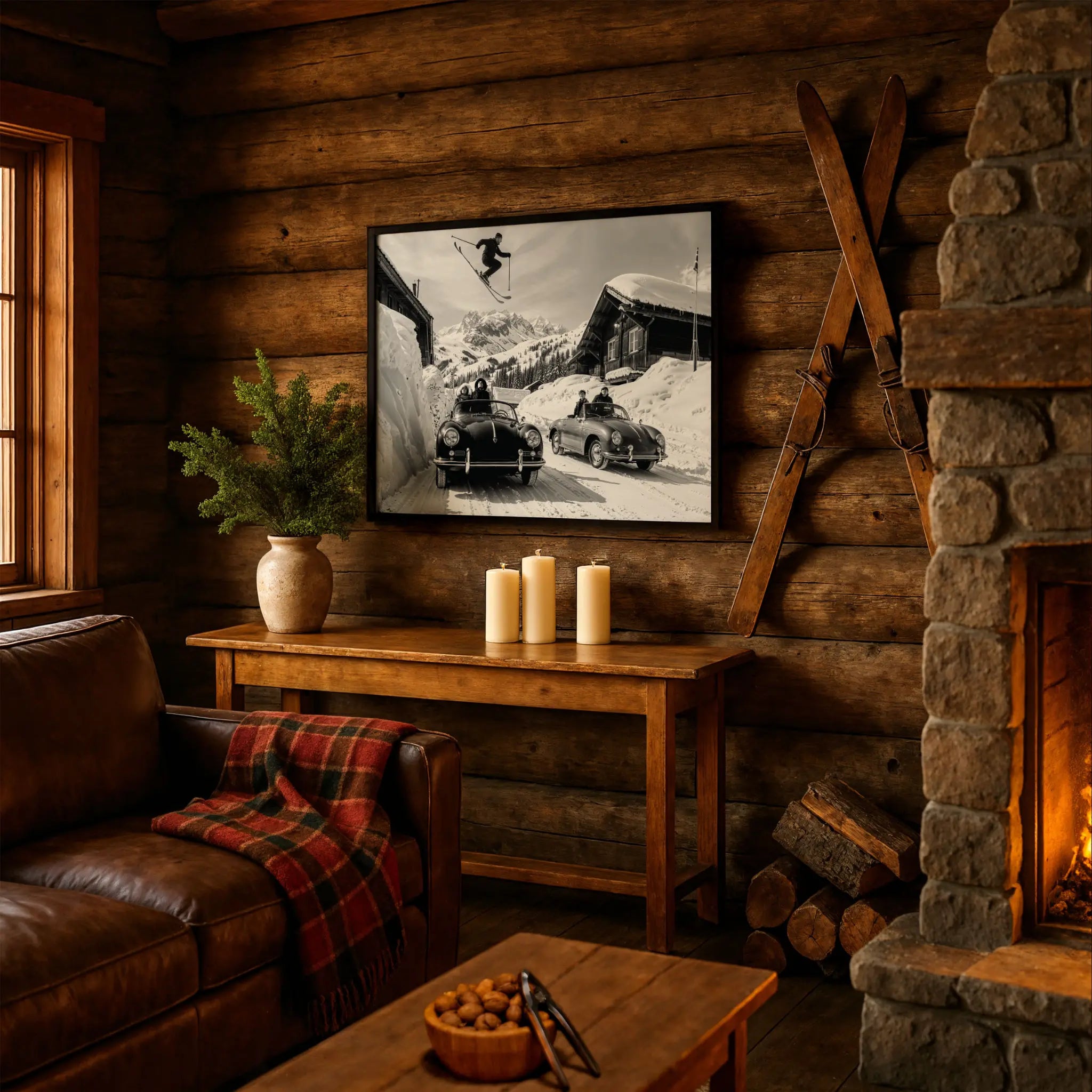Vintage Ski Jump Over Porsche Photo in Cabin Couch Setting
