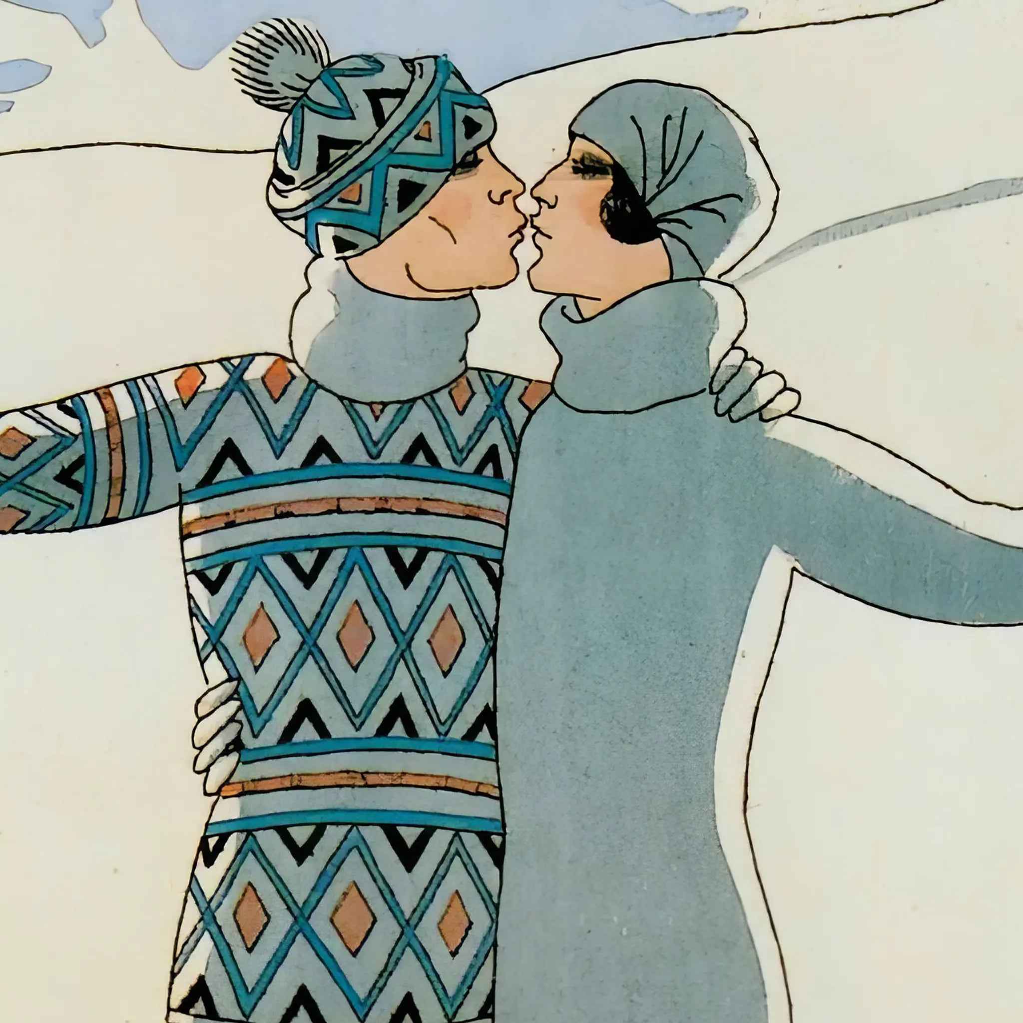 Art Deco Skiing Poster - Vintage Alpine Romance Artwork