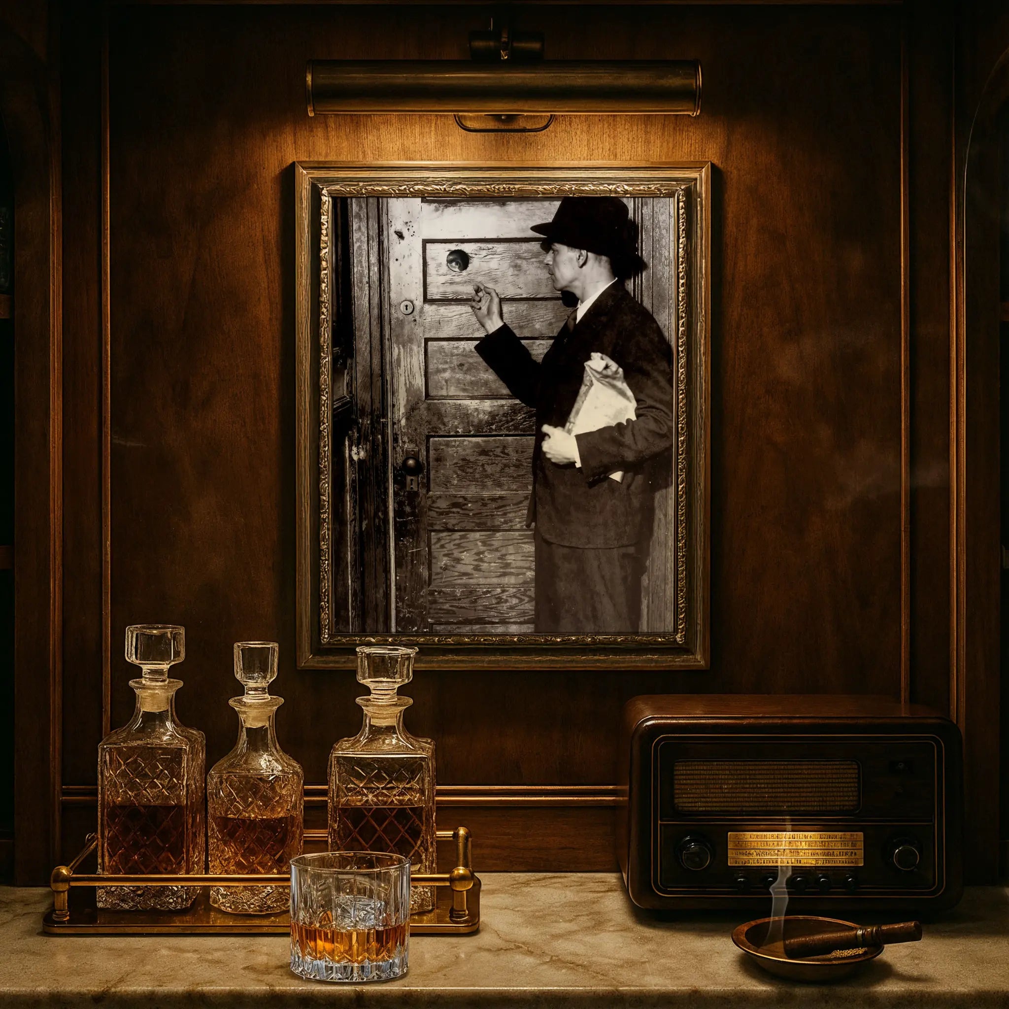 Prohibition print in luxury suite with crystal decanters and vintage radio atmosphere