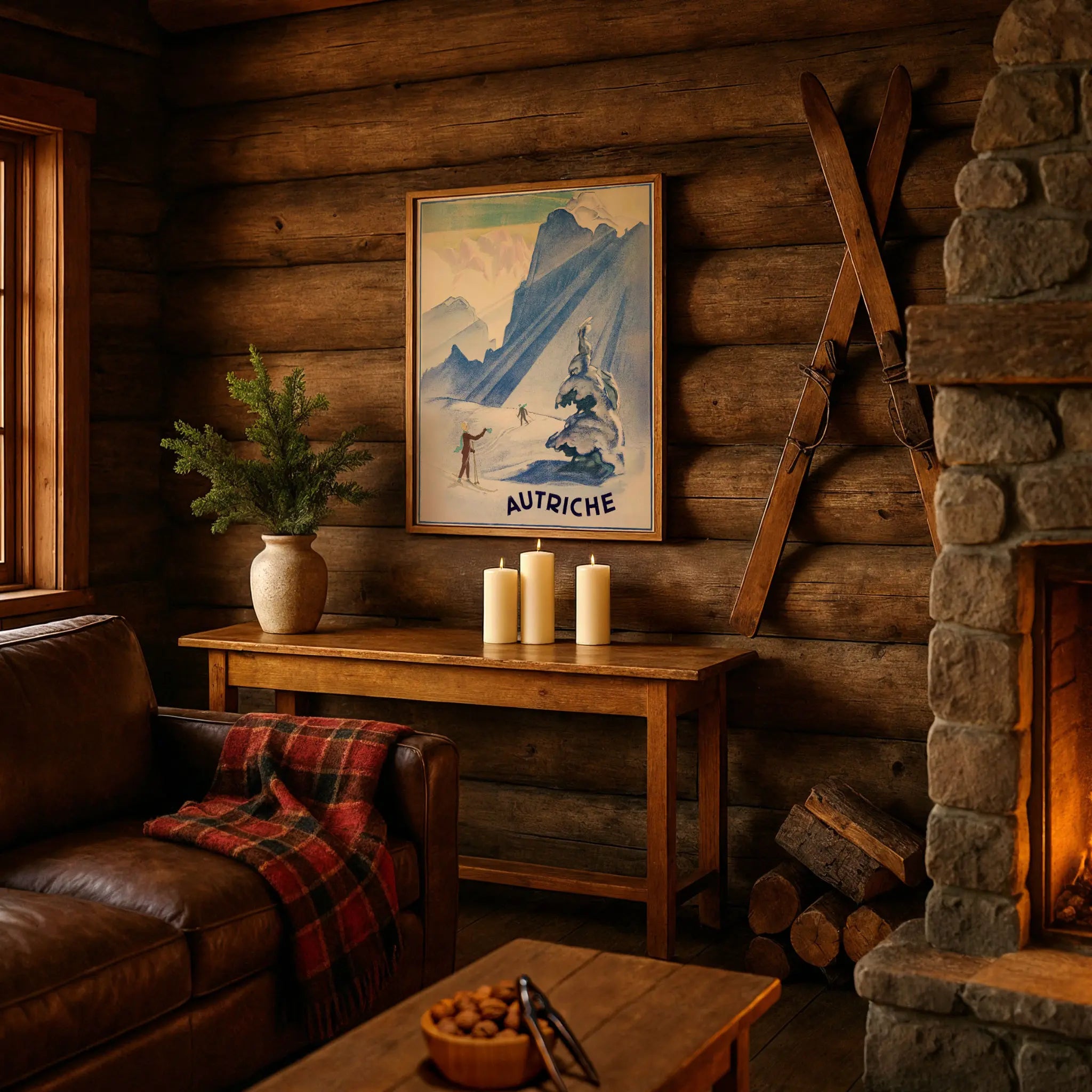 Vintage Austrian Ski Poster in Cozy Alpine Retreat