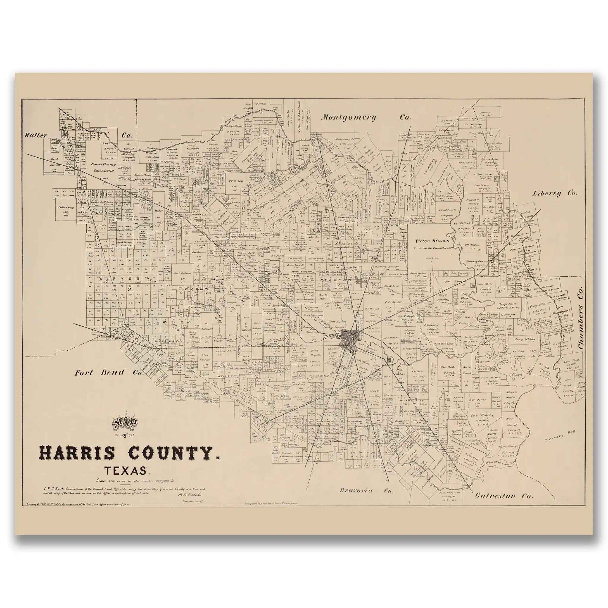 Harris County Vintage Map - Authentic 1879 Texas General Land Office Map