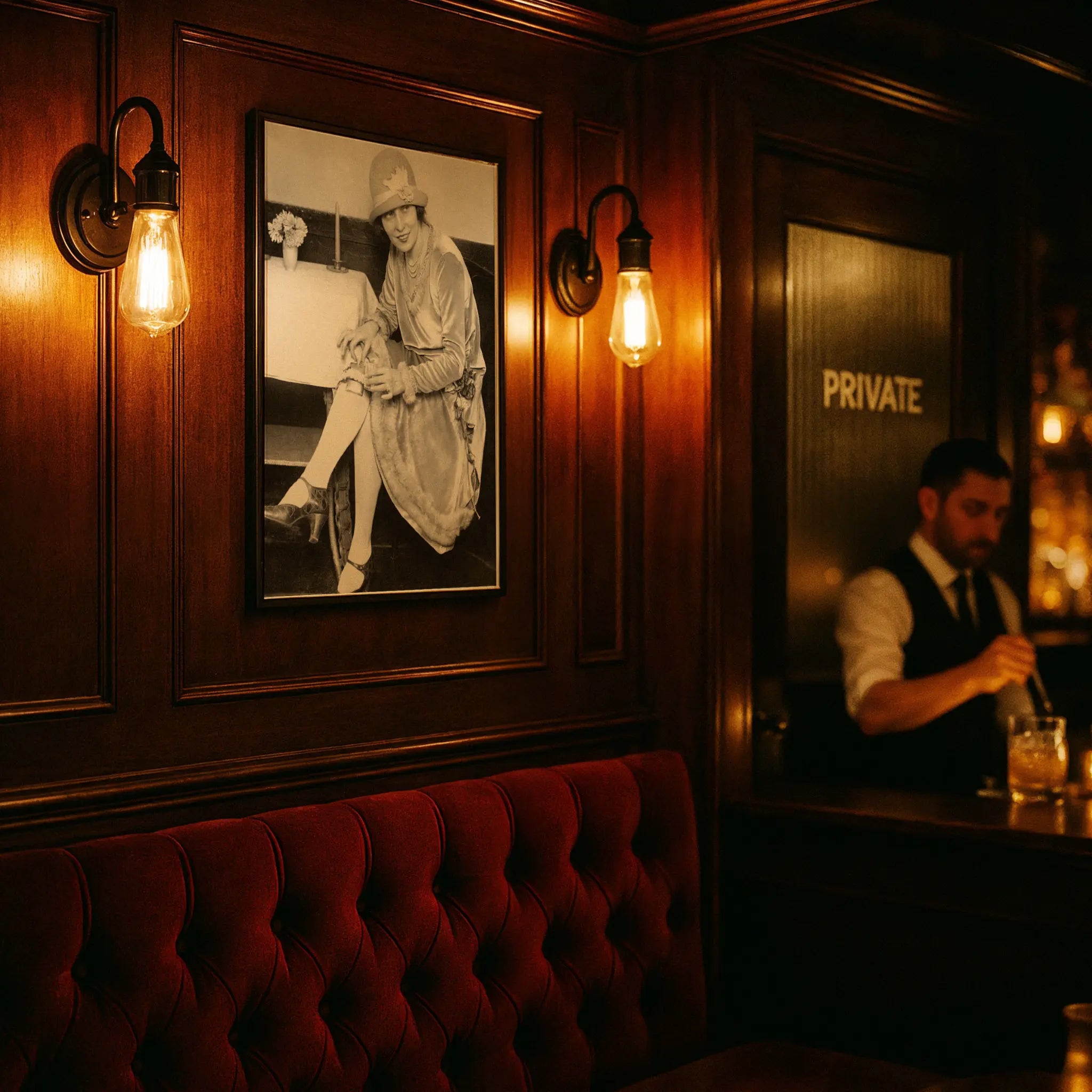 Prohibition elite social scene print in exclusive speakeasy with red velvet seating and private atmosphere