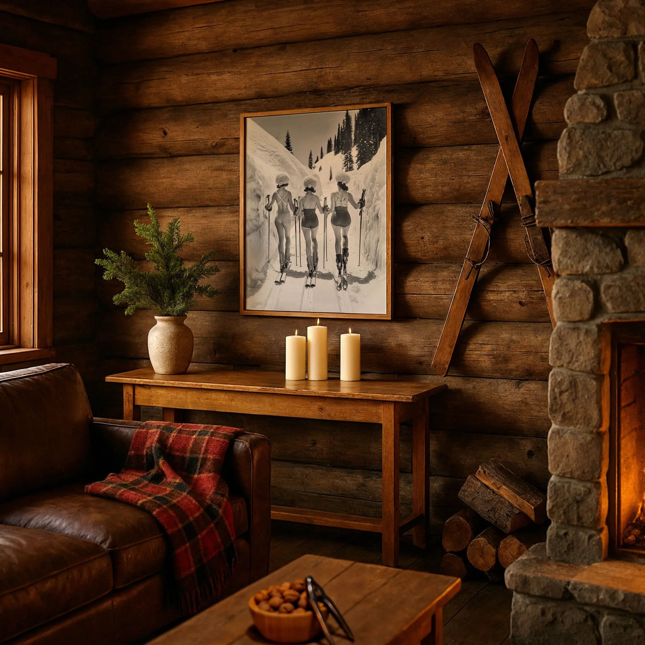 Vintage Ski Women Photo in Cozy Alpine Retreat