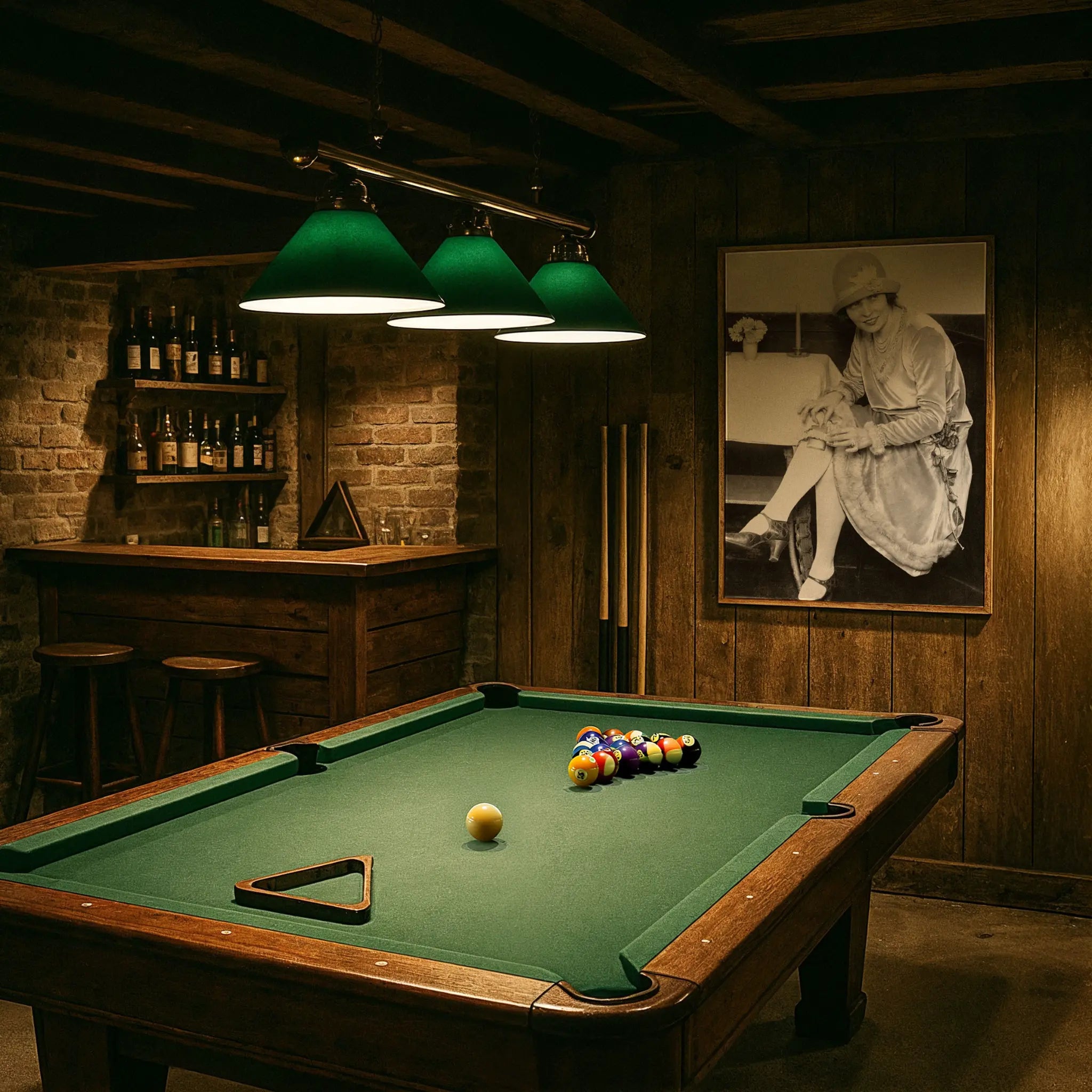 Jazz Age yacht elegance photograph in vintage billiards room with green felt table and period lighting