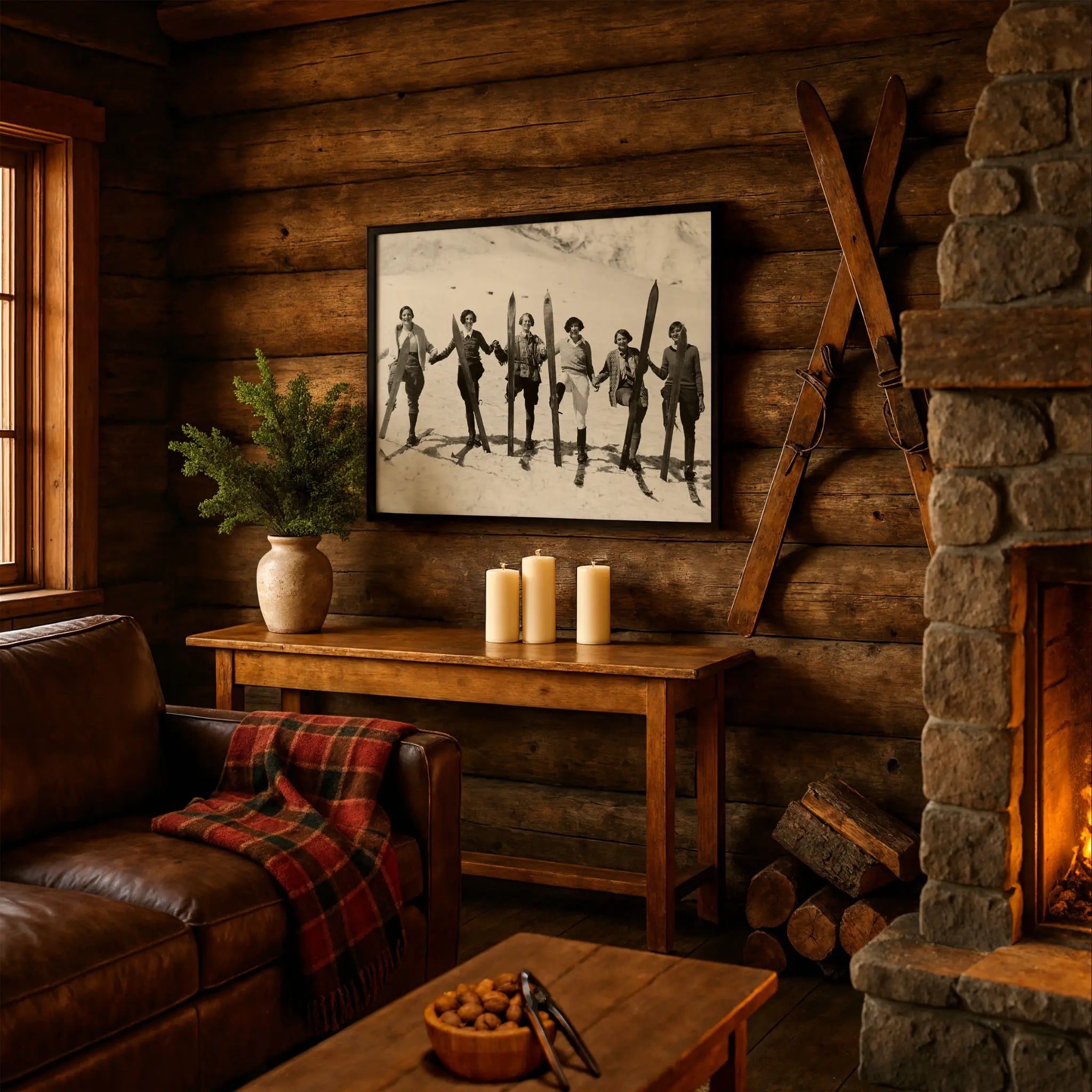 Vintage Women Skiers Photo in Cabin Couch Setting