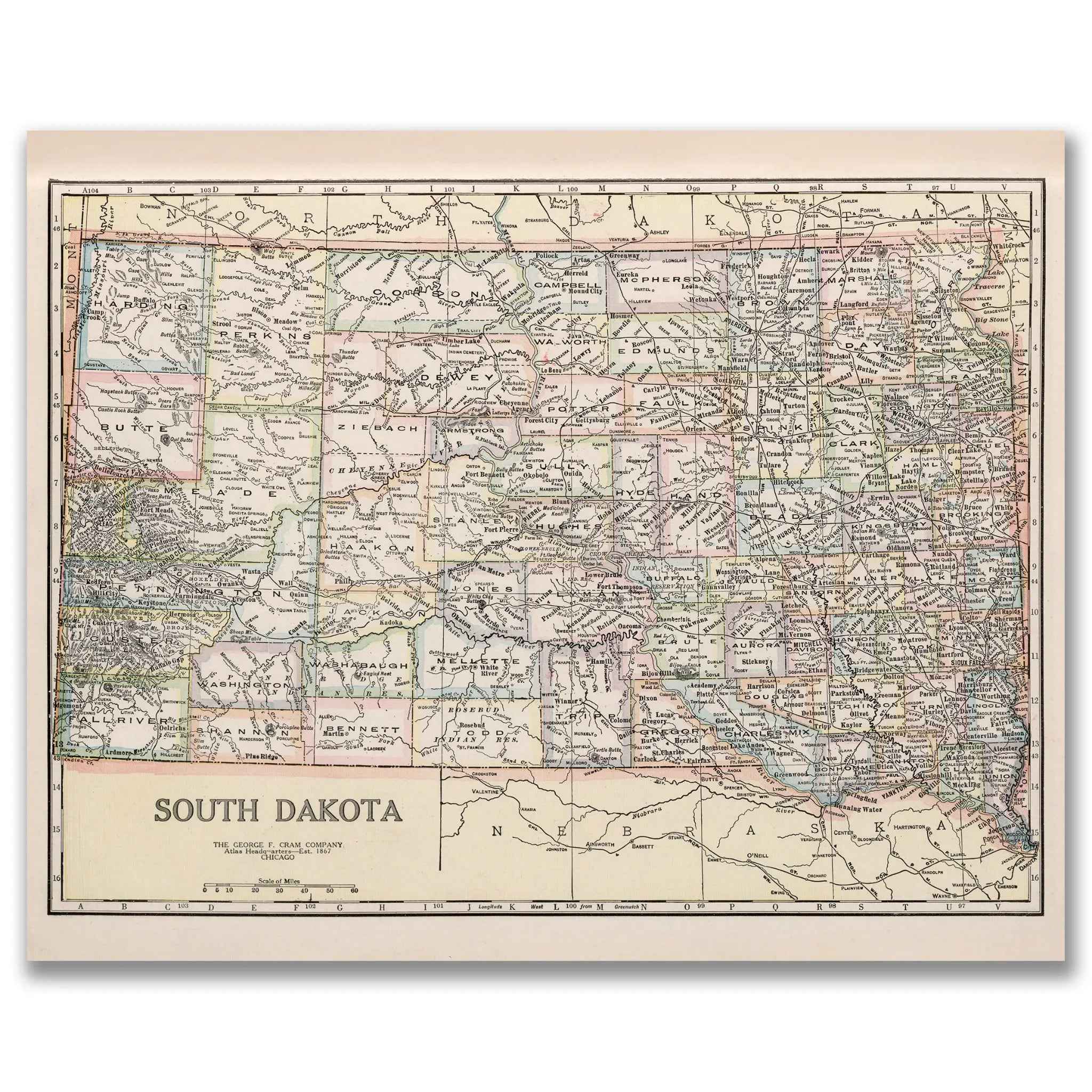 South Dakota Map - Vintage 1920 George F. Cram Historical Map