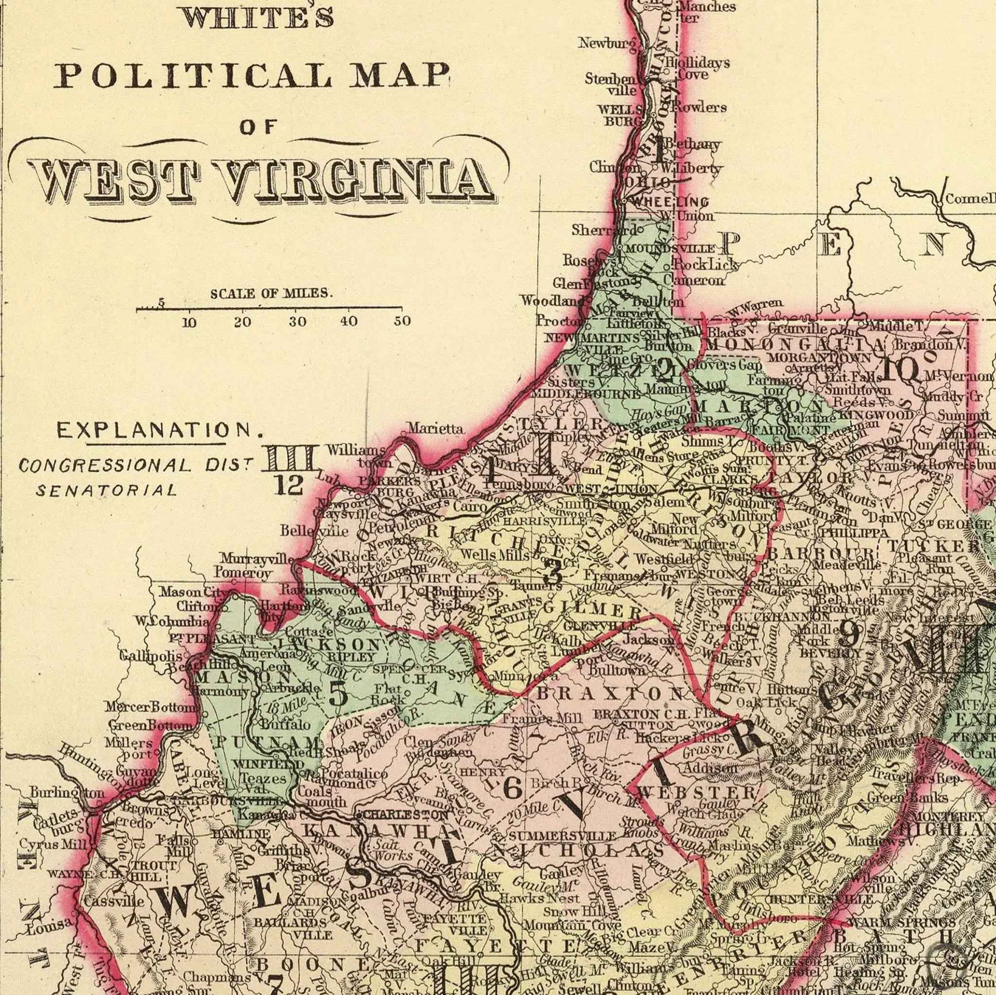West Virginia Map - Vintage 1873 White's Political Map for Collectors