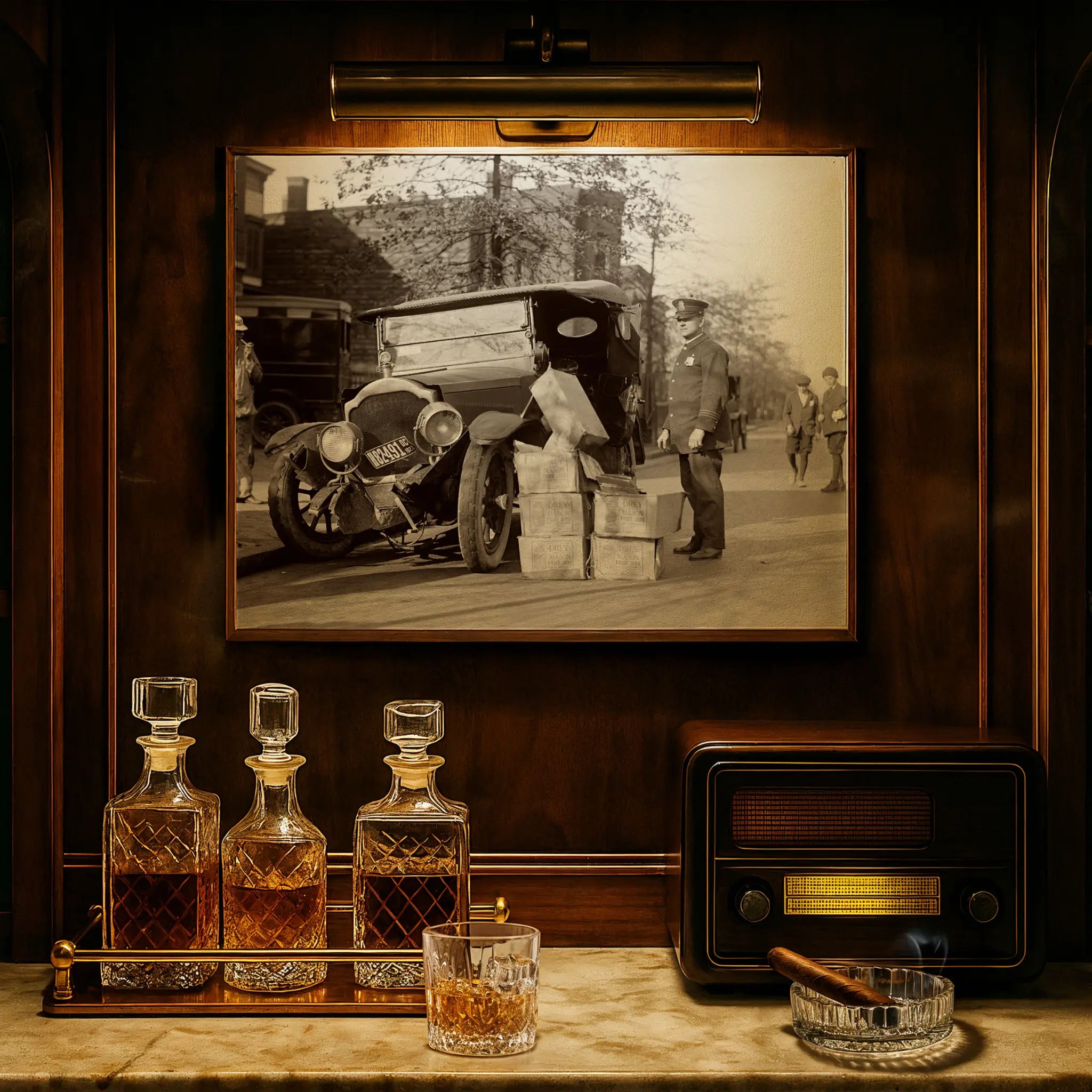 Police enforcement photograph displayed in elegant study with crystal decanters and vintage radio atmosphere