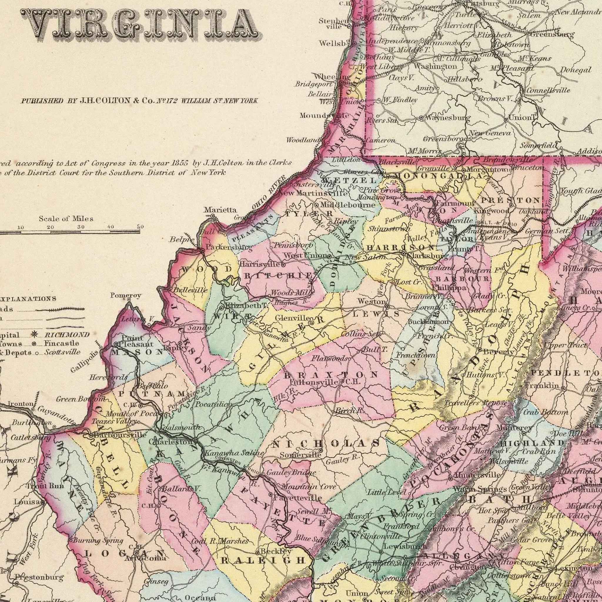 Virginia Map - Vintage 1855 Colton Historical Map for Collectors