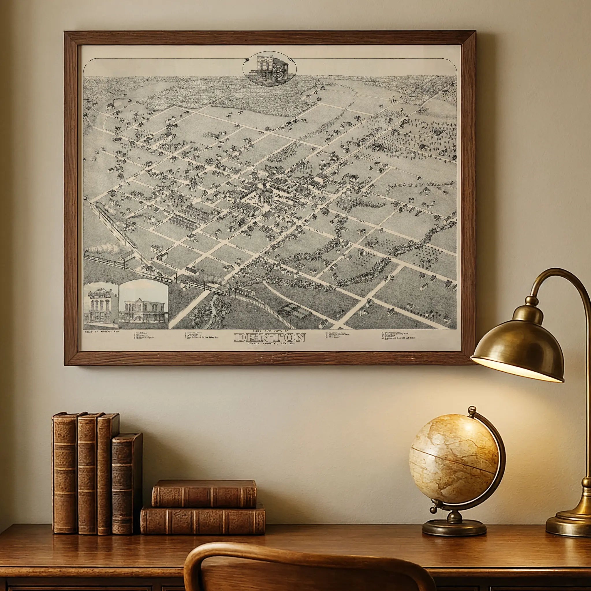 Denton Bird's-Eye Map - Vintage 1883 Texas Historical City Map