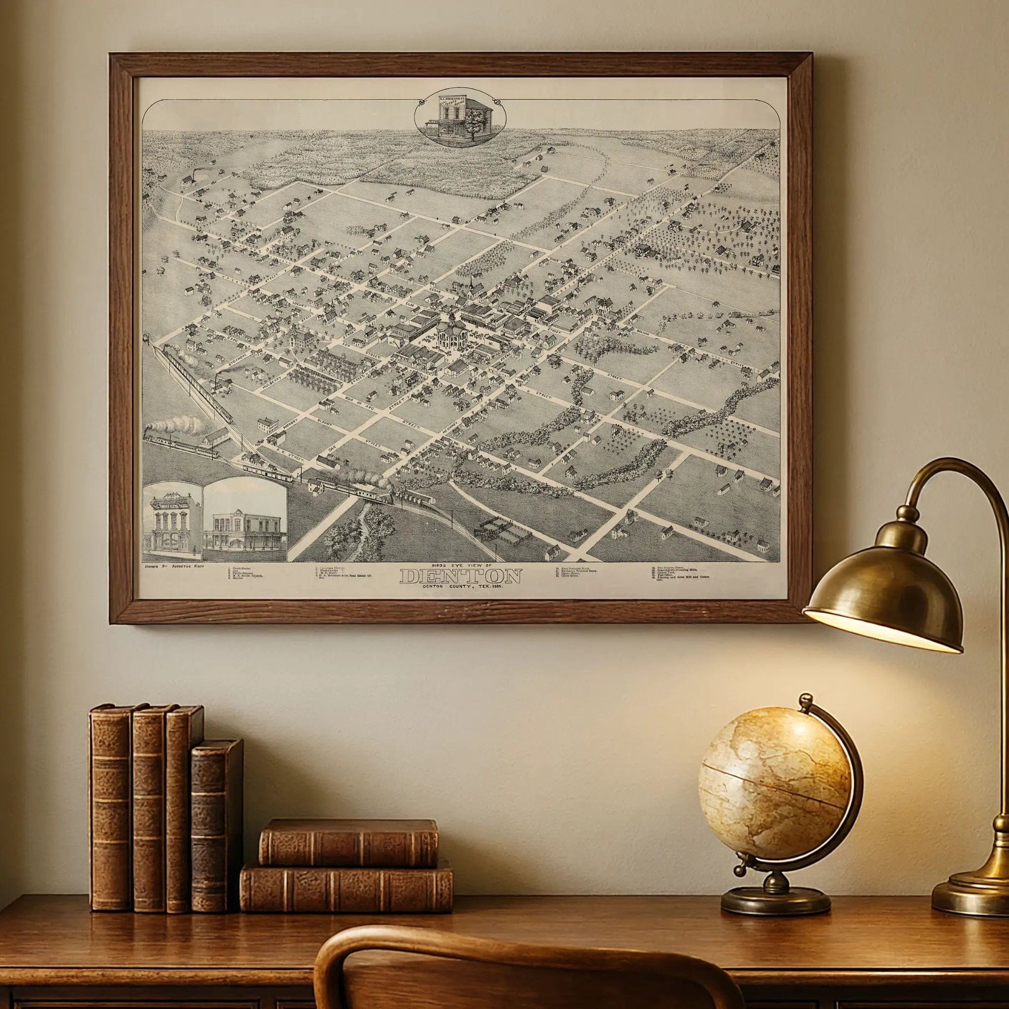 Denton Bird's-Eye Map 1883 - Vintage Texas Historical City Map - Archive Prints