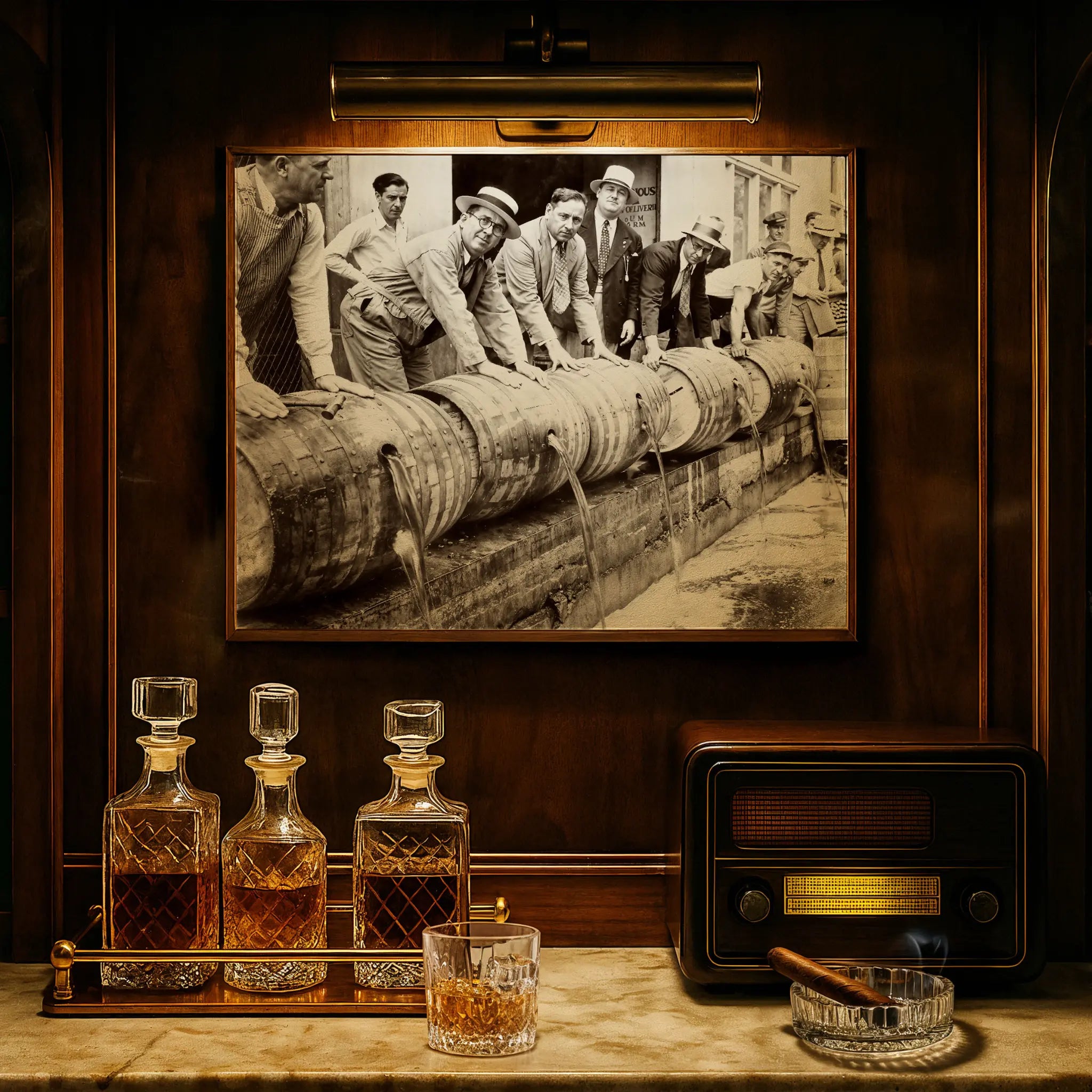 Prohibition barrel destruction photograph displayed in luxury study with crystal decanters and vintage radio atmosphere