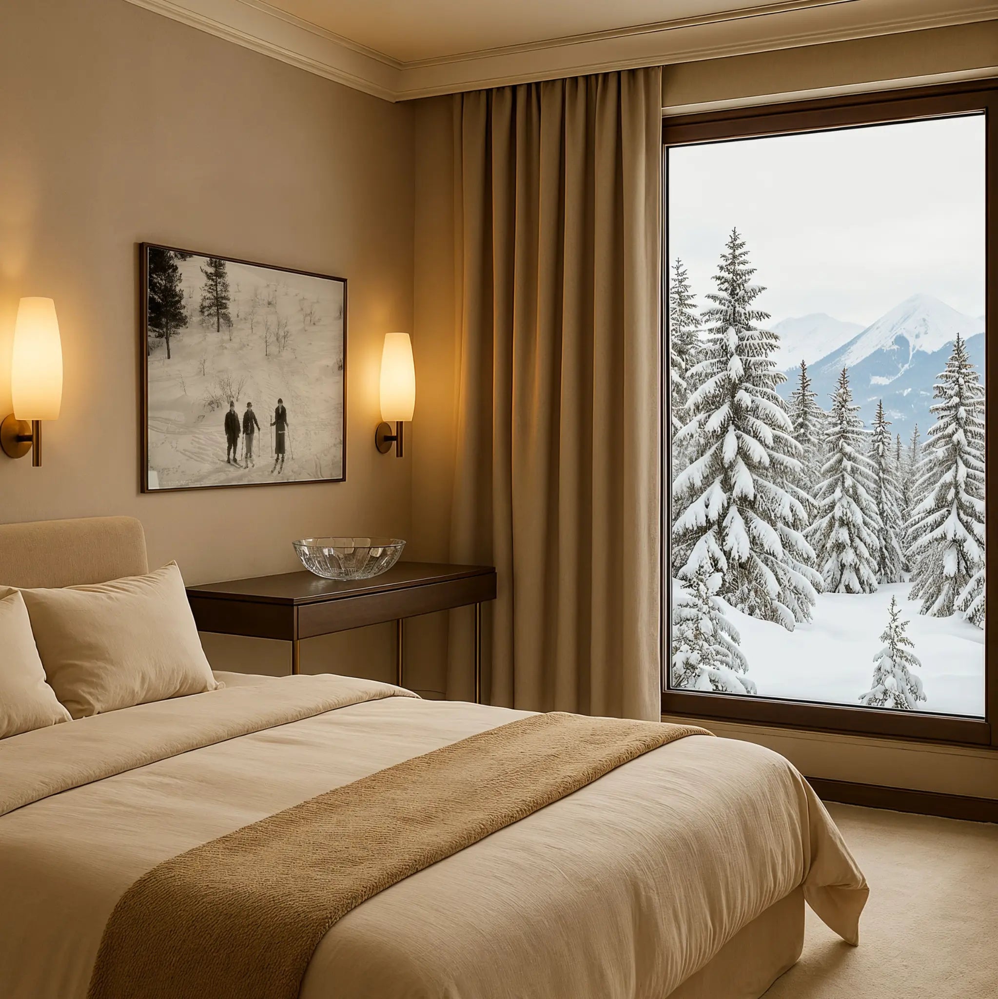 Vintage Three Skiers Photo in Winter Bedroom