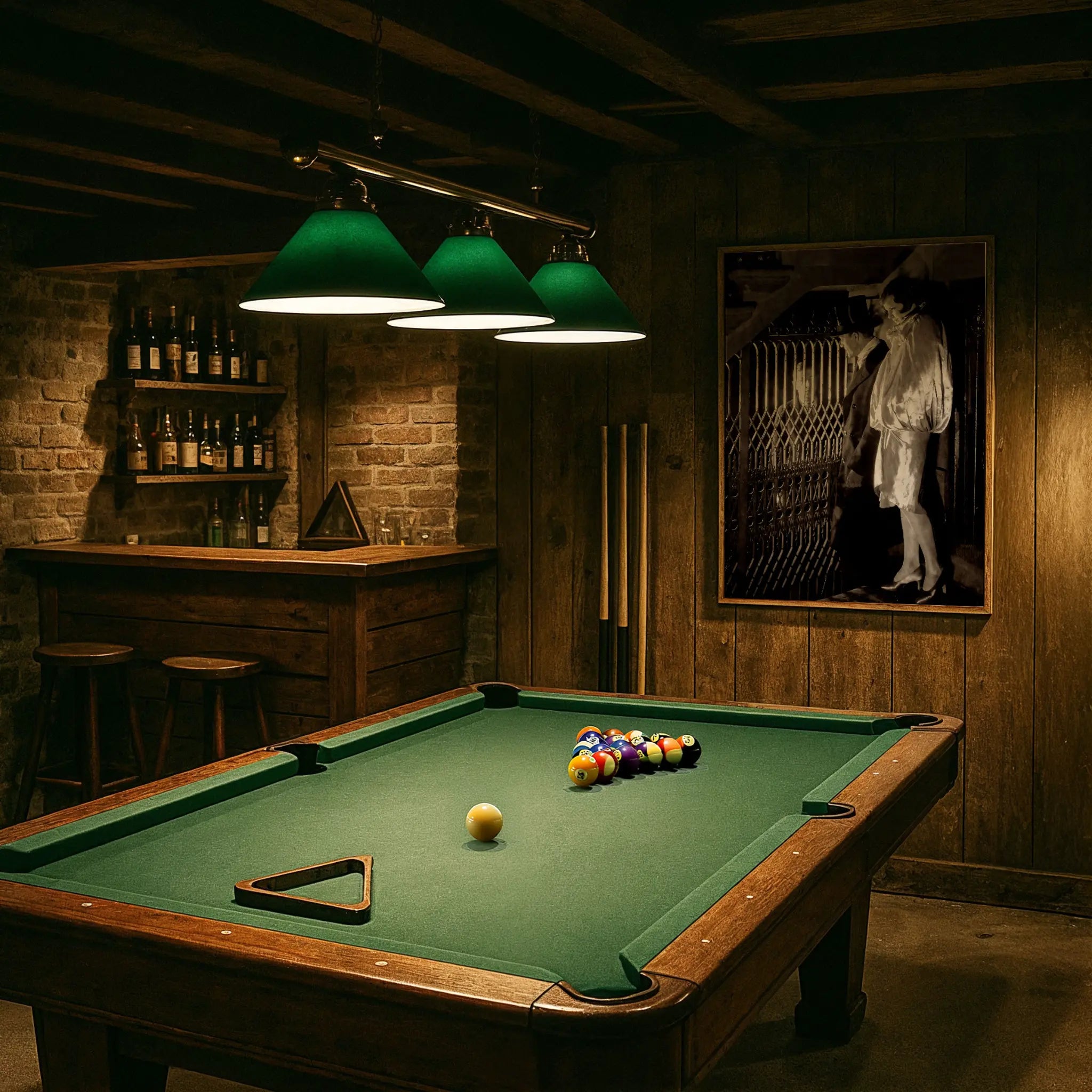 Prohibition underground rendezvous photograph in vintage billiards room with green felt table and period lighting