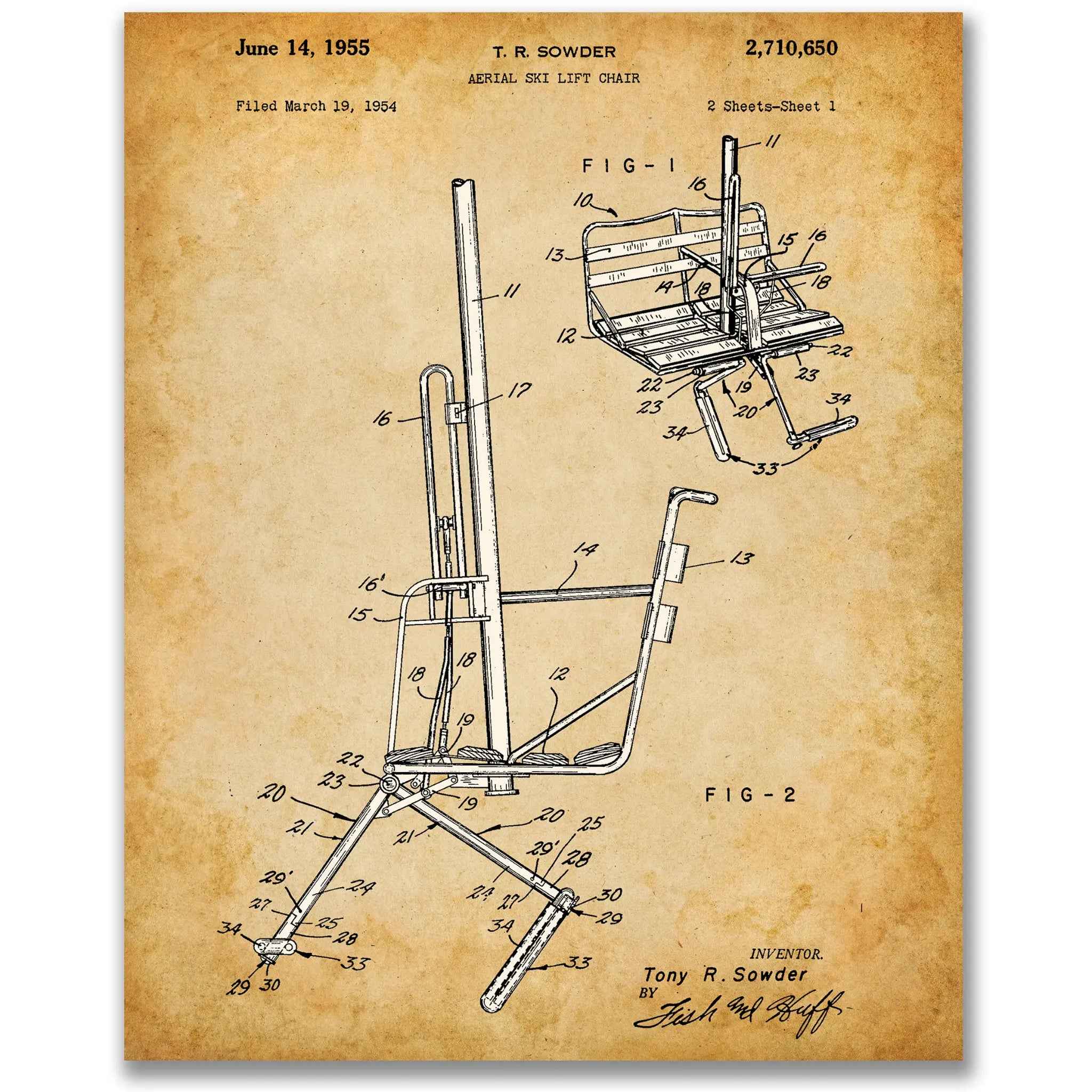 Vintage Ski Lift Patent Print - 1955 Aerial Chair Lift Blueprint Art