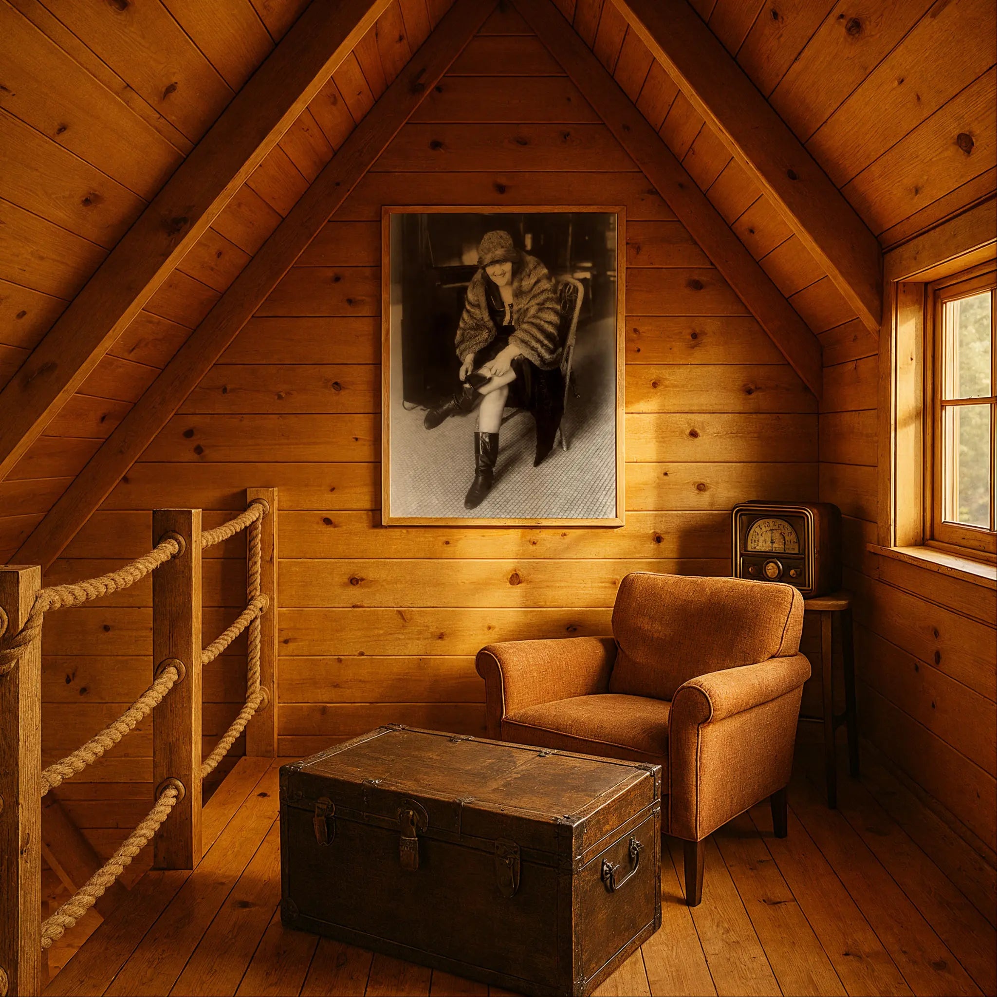 1920s fashion print in rustic cabin with vintage trunk and rope details
