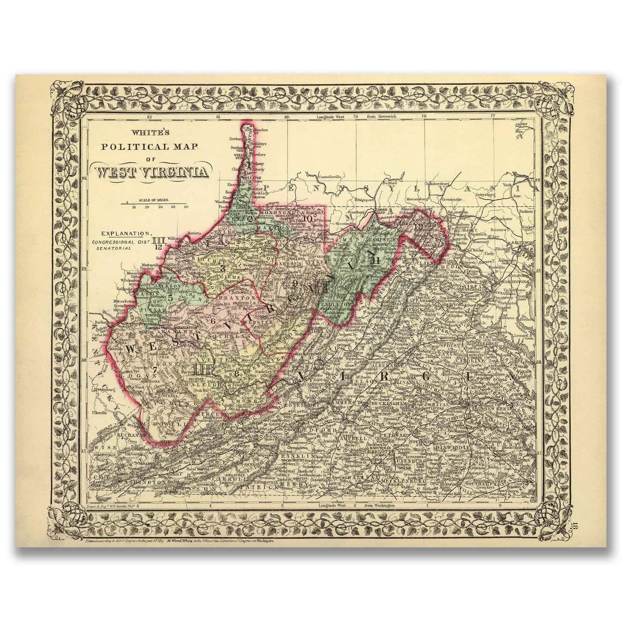 West Virginia Map - Vintage 1873 White's Political Map for Collectors