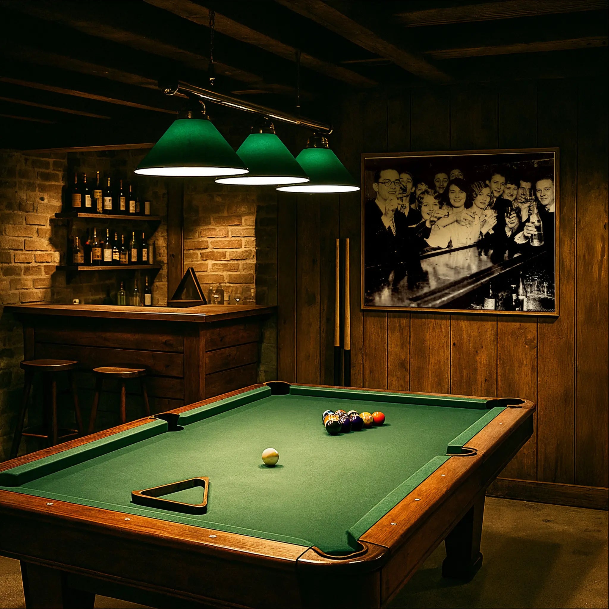 December 5th celebration print in vintage billiards room with green felt table and period lighting