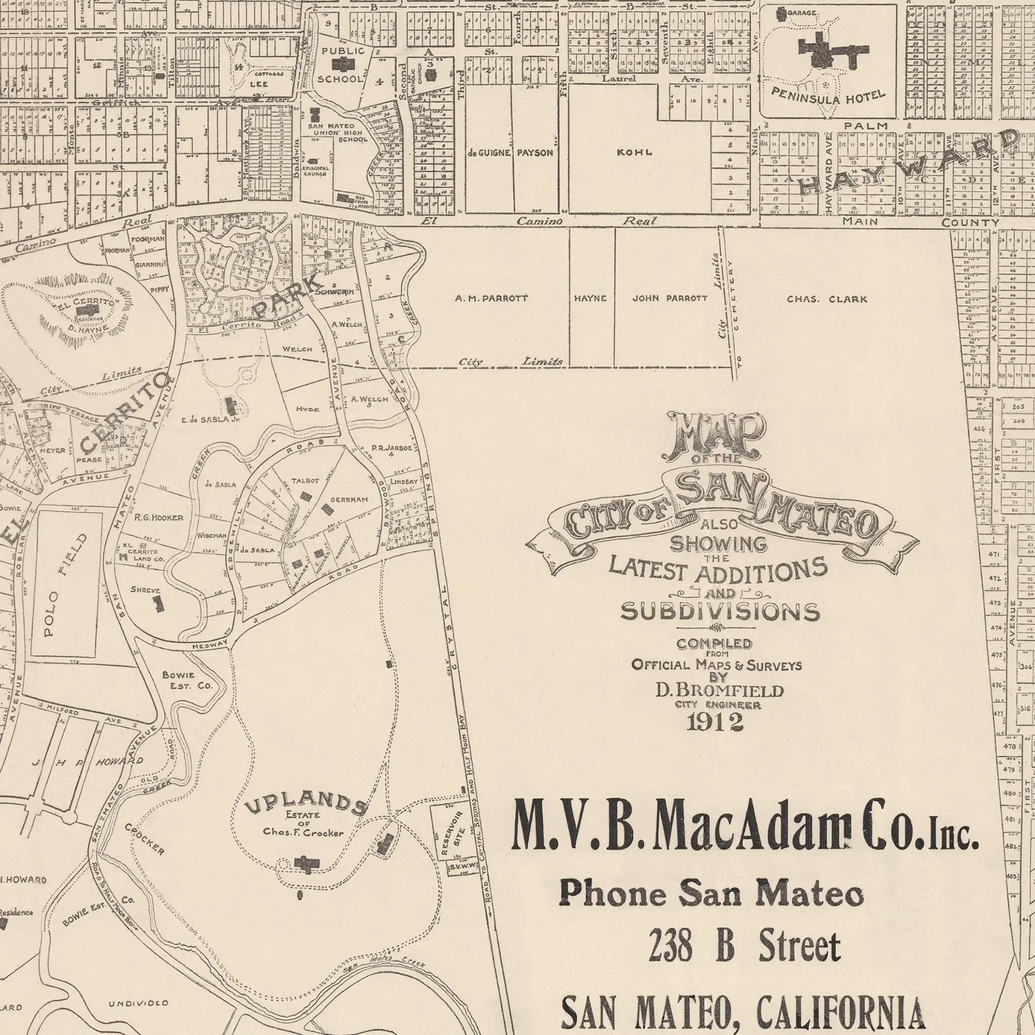 San Mateo Map - Vintage 1912 City Planning & Subdivisions Map