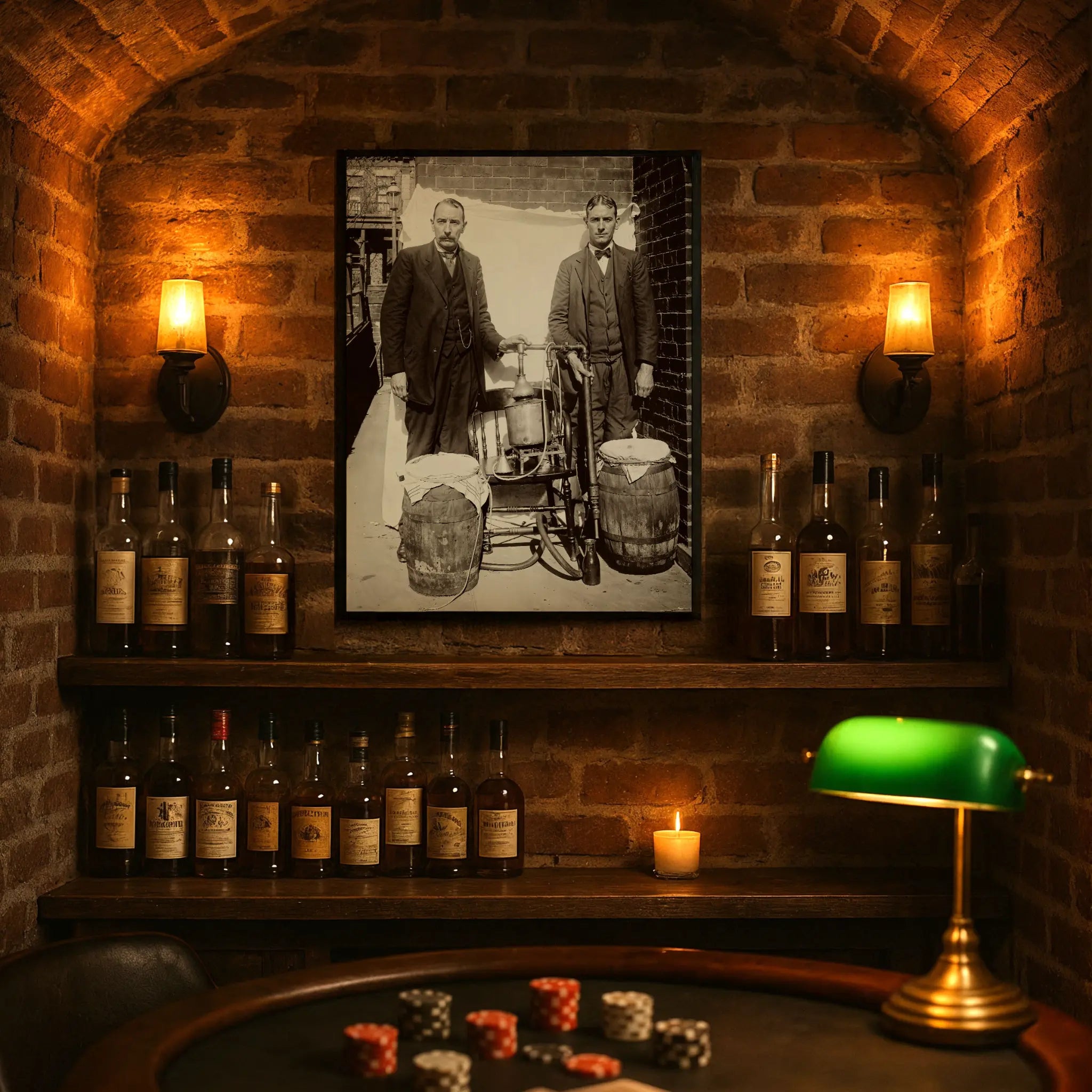 Moonshine distillation apparatus photograph displayed in underground speakeasy bar setting with vintage bottles