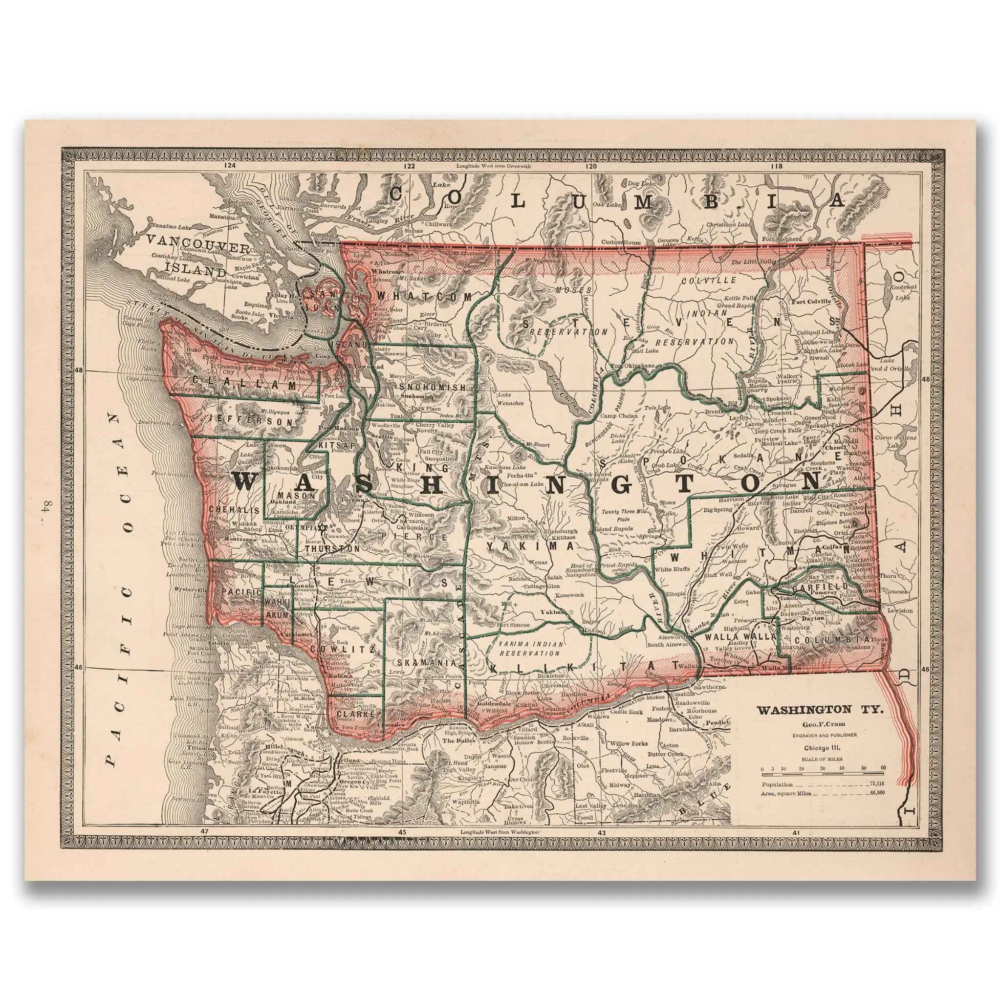 Washington State Map - Vintage 1883 Cram Historical Map of Washington Territory