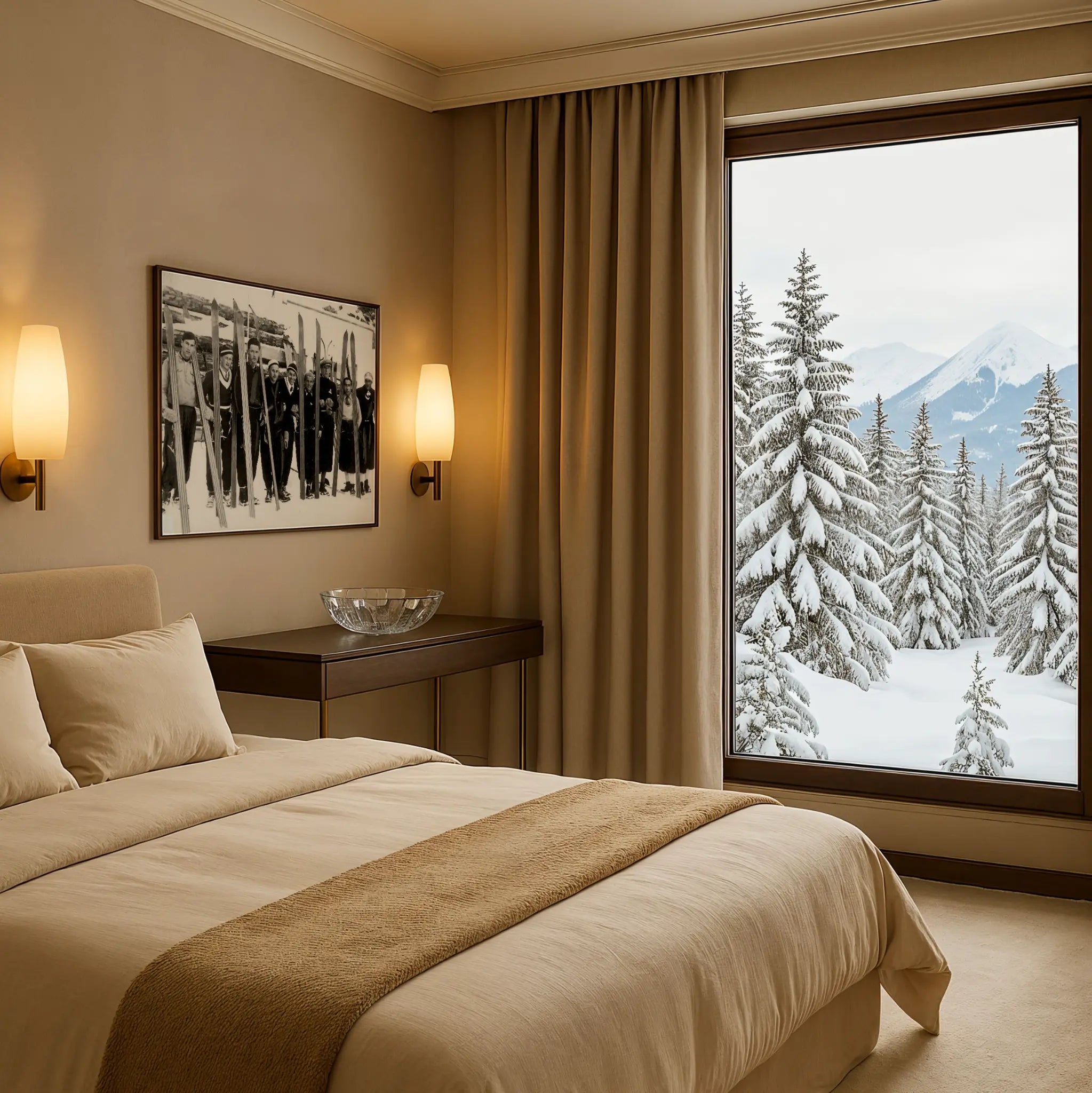 Vintage Ski Club Group Photo in Winter Bedroom