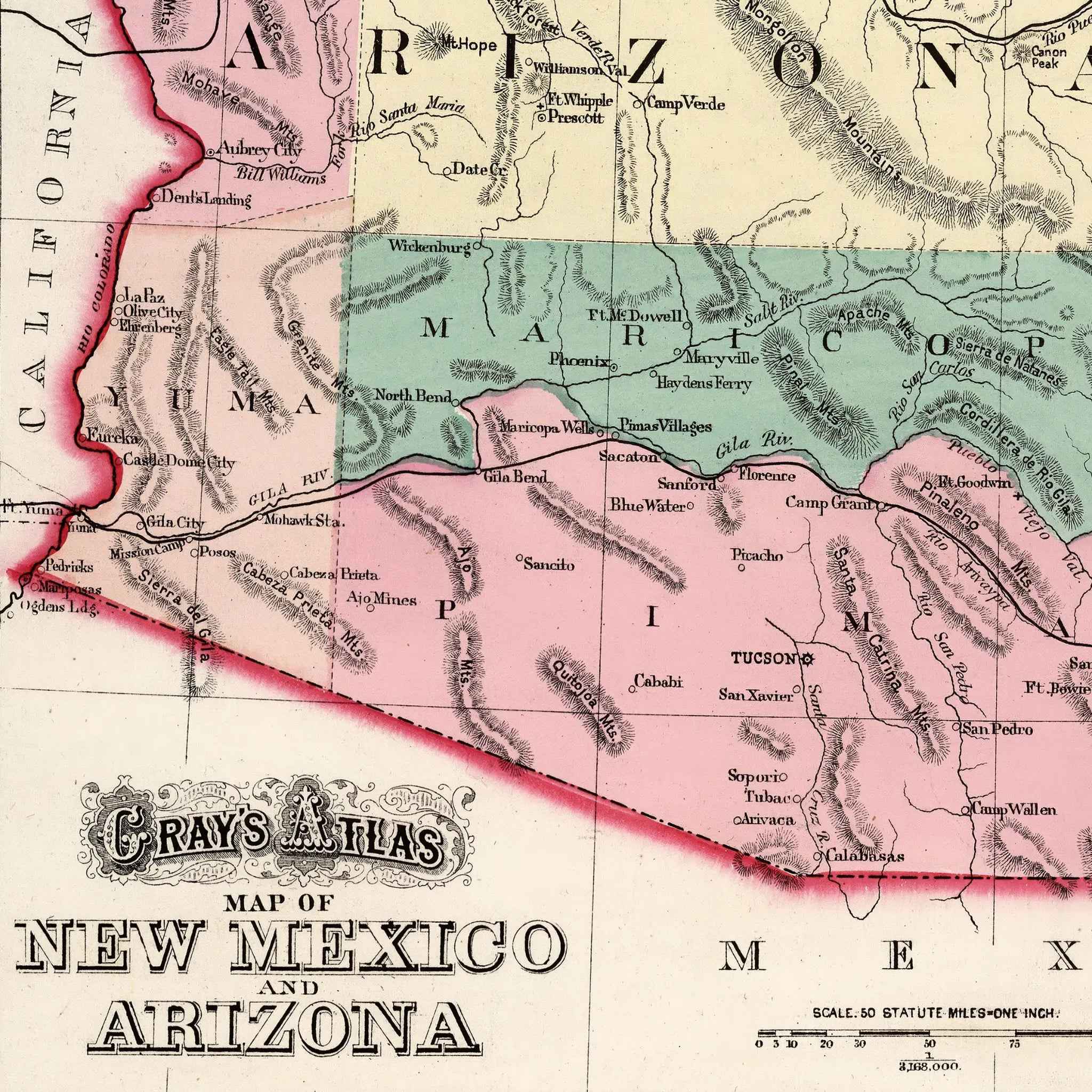 New Mexico Arizona Map - Vintage 1873 Gray's Atlas Historical Map for Collectors