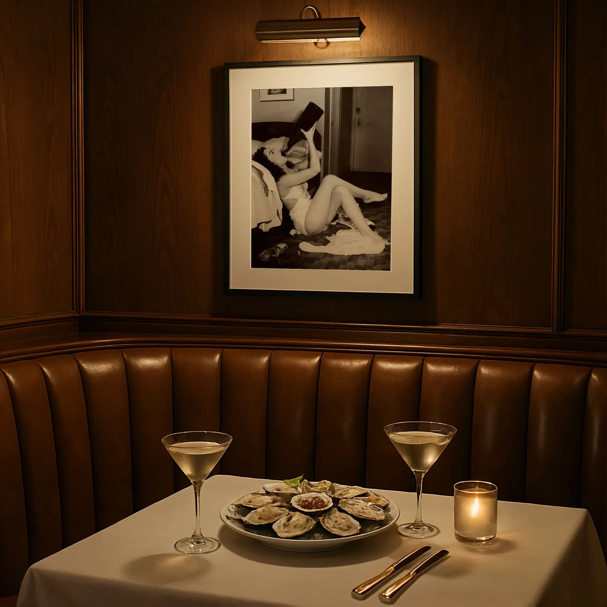 Boudoir rebellion print in elegant restaurant booth with martini glasses and sophisticated atmosphere