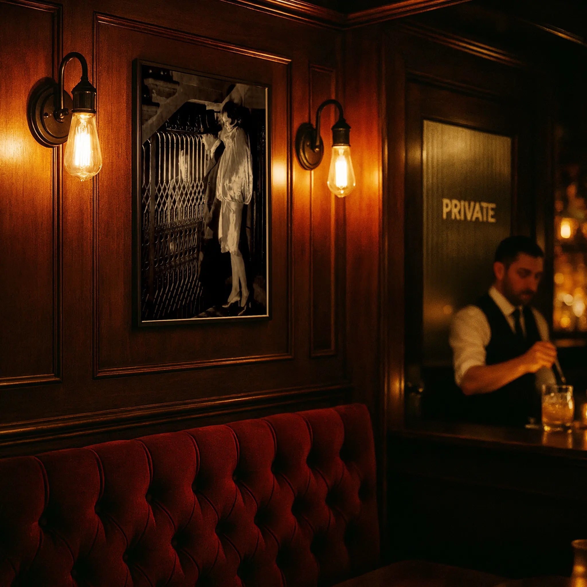 Dramatic prohibition encounter print in private speakeasy booth with red velvet seating and period bartender