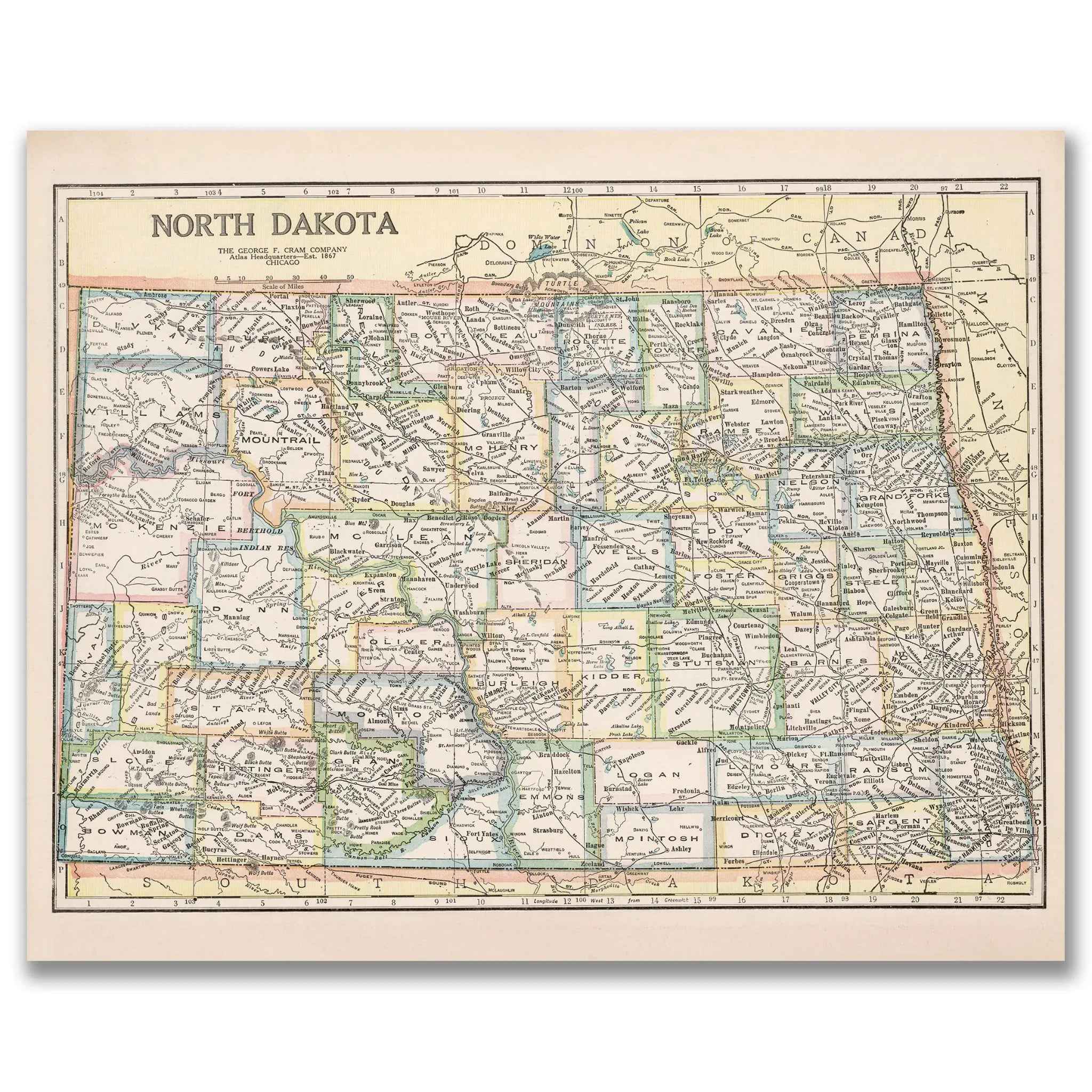 North Dakota Map - Vintage 1920 Historical Map by George F. Cram