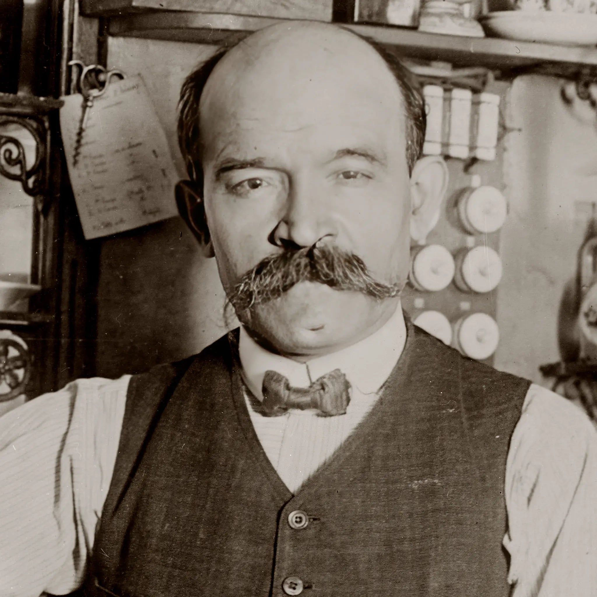 Close-up detail of classic bartender showing distinguished gentleman with handlebar mustache in formal vest and bow tie behind ornate bar