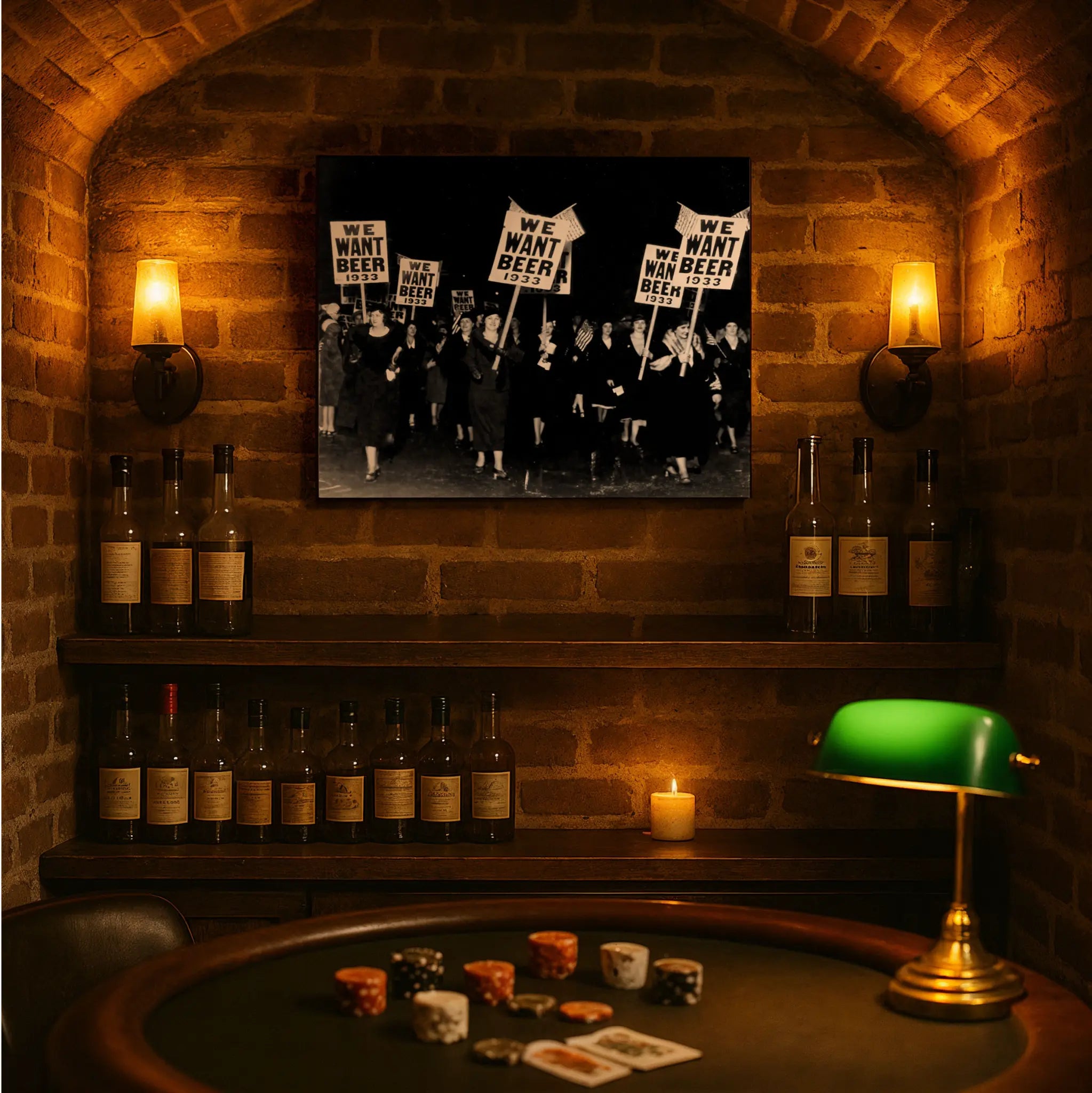 Historic female protest print in underground casino setting with poker chips and vintage gambling atmosphere