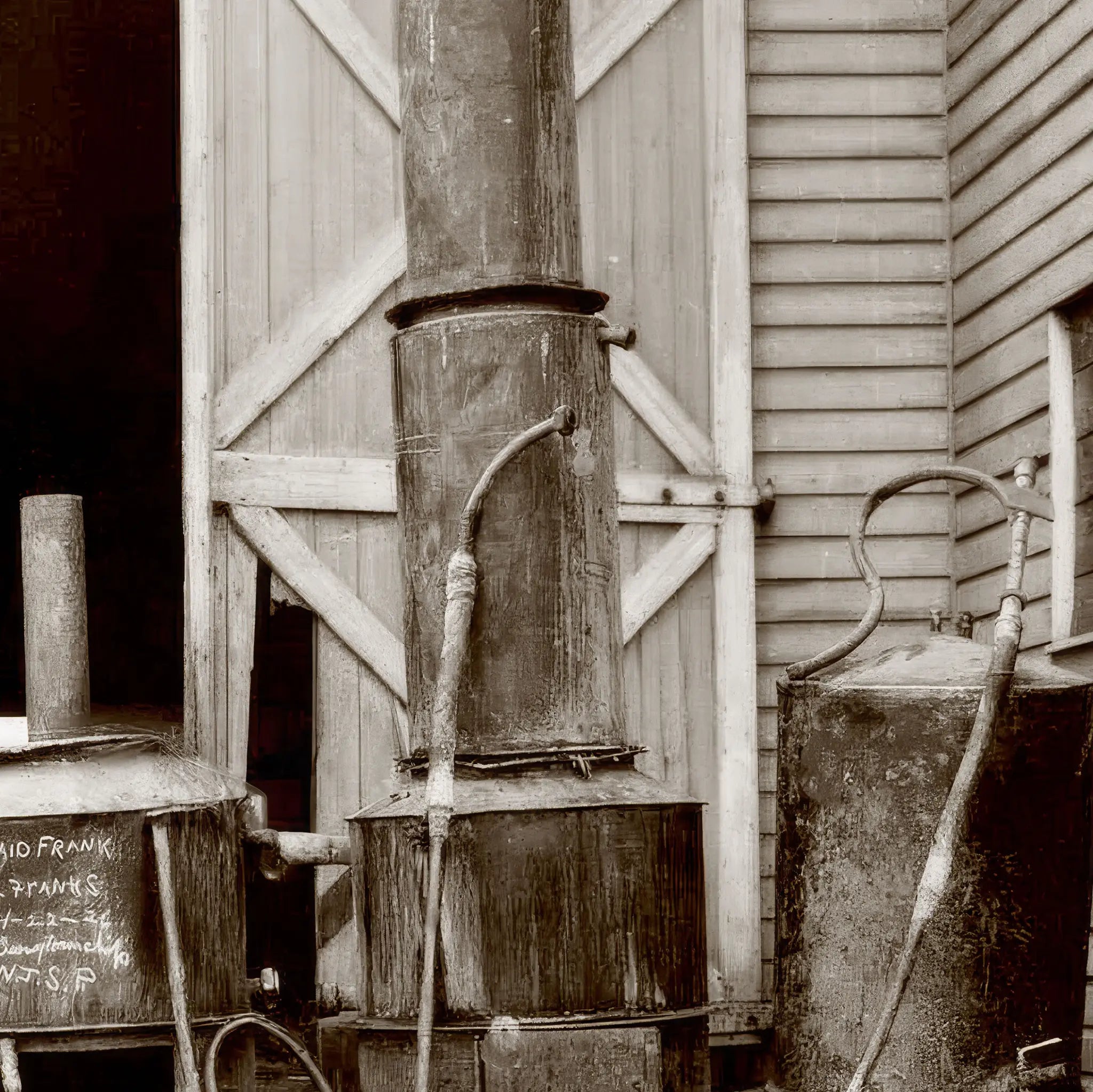 Close-up detail of moonshine still showing copper distillation equipment and wooden barrels used in illegal alcohol production